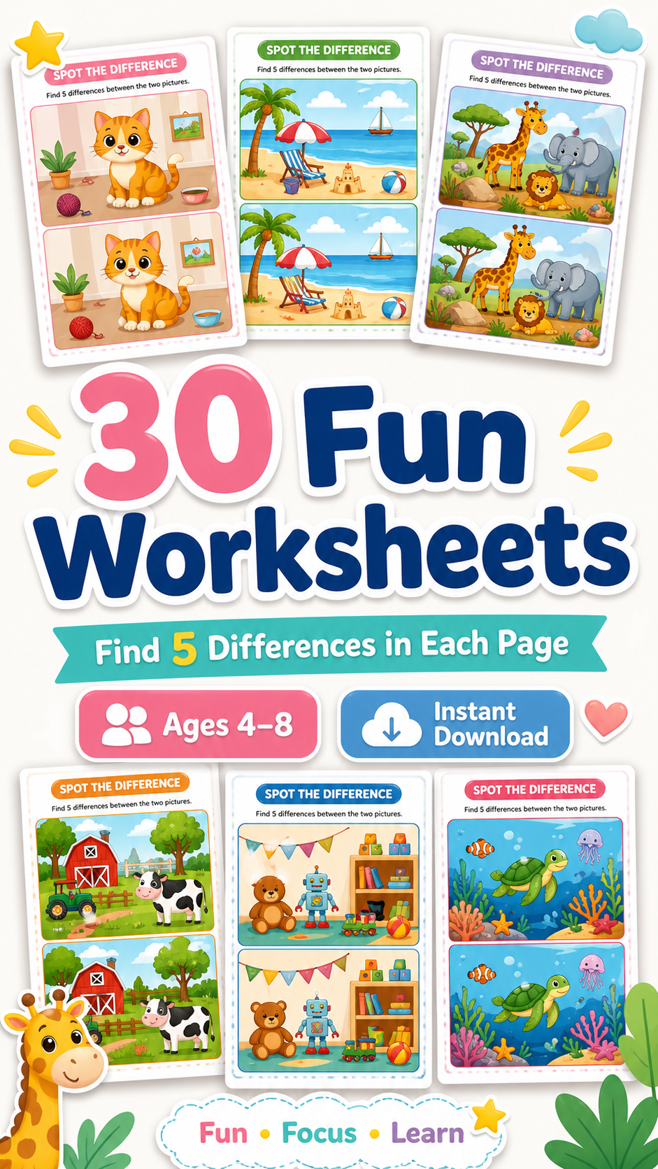 30 Fun Spot the Difference Worksheets for Kids (Ages 4–8) | Printable Activity Pack | Brain Games & Focus Skills