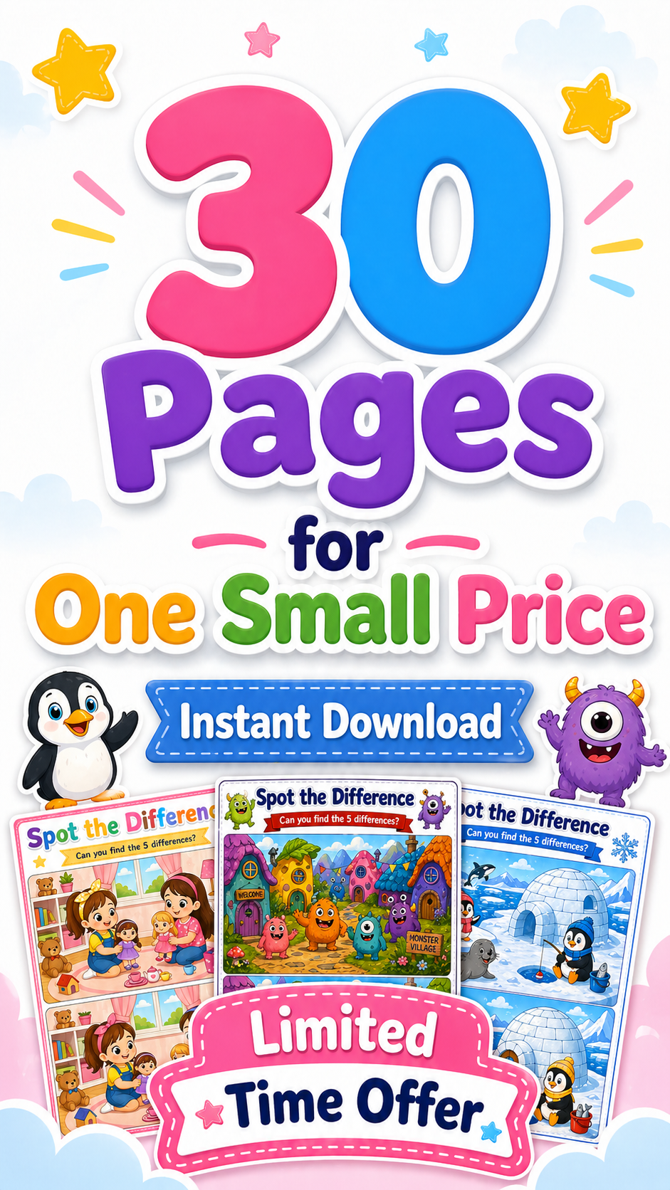 30 Fun Spot the Difference Worksheets for Kids (Ages 4–8) | Printable Activity Pack | Brain Games & Focus Skills
