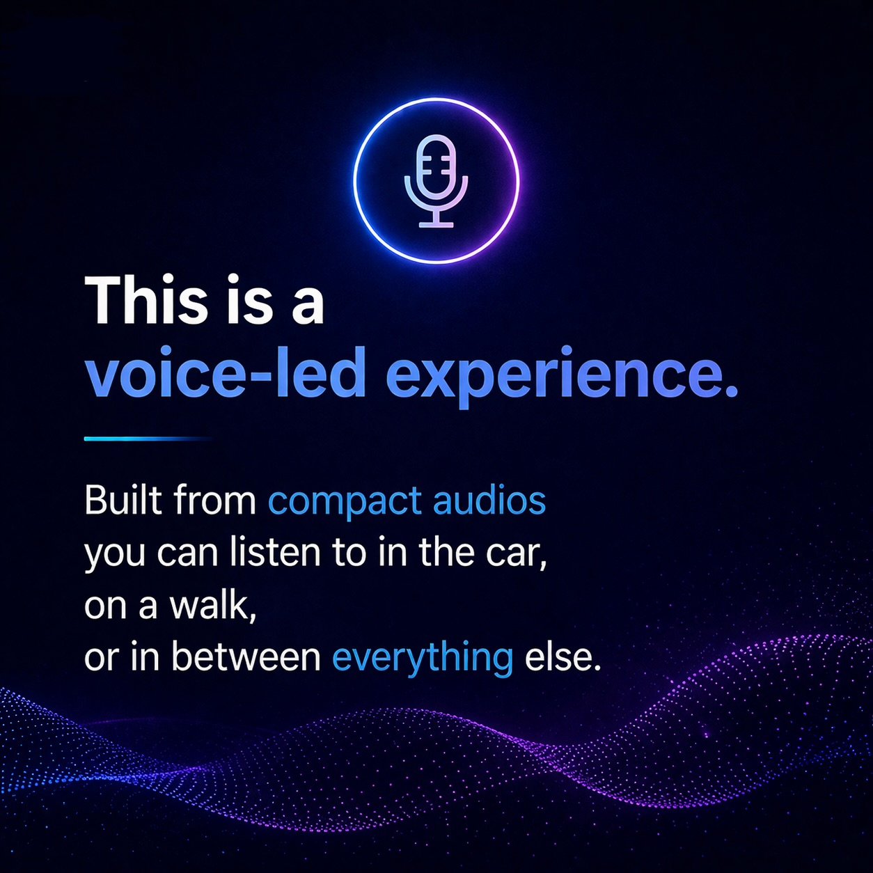 Work Backwards by Kath Pietersen, a voice-led experience for entrepreneurs. Slide explaining this is a voice-led experience built from compact audio sessions you can listen to in the car, on a walk, or in between daily activities. Dark blue and purple gra