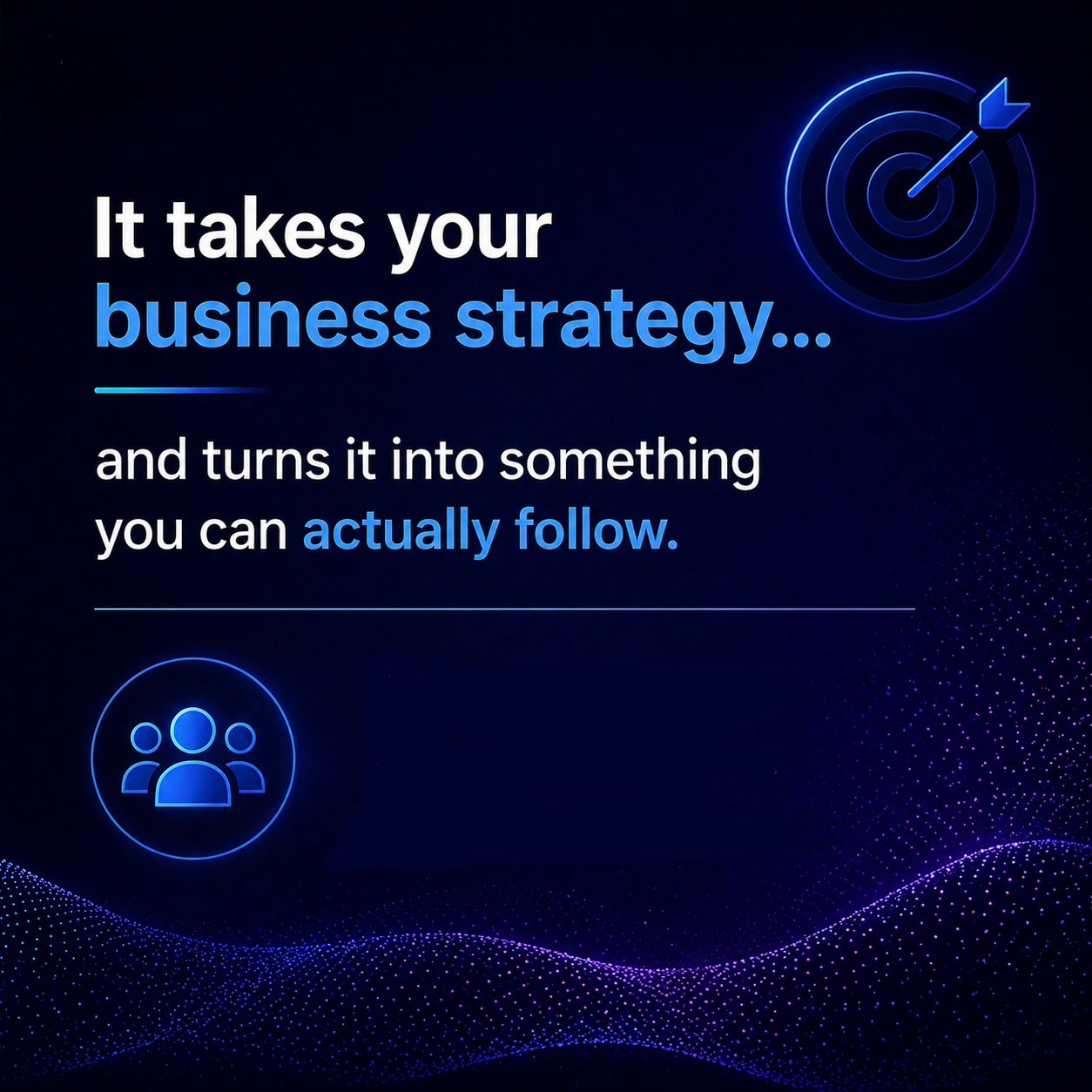 Work Backwards by Kath Pietersen, a voice-led experience for entrepreneurs. Slide showing how business strategy becomes something you can actually follow, with text about turning strategy into clear, actionable steps. Dark blue and purple gradient backgro