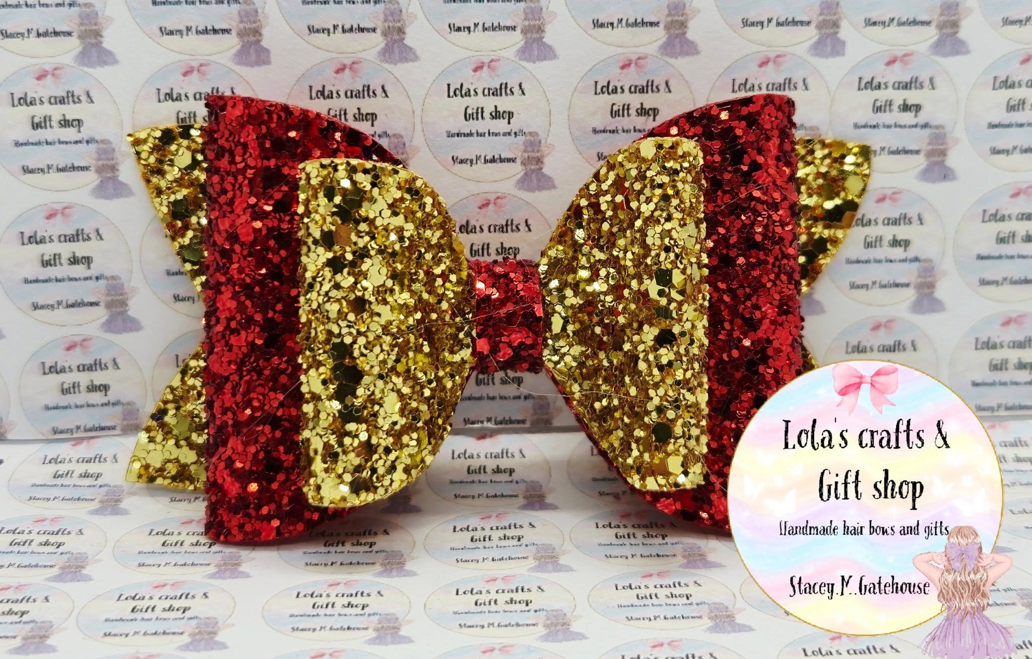 Red and gold glitter hair bow - Payhip
