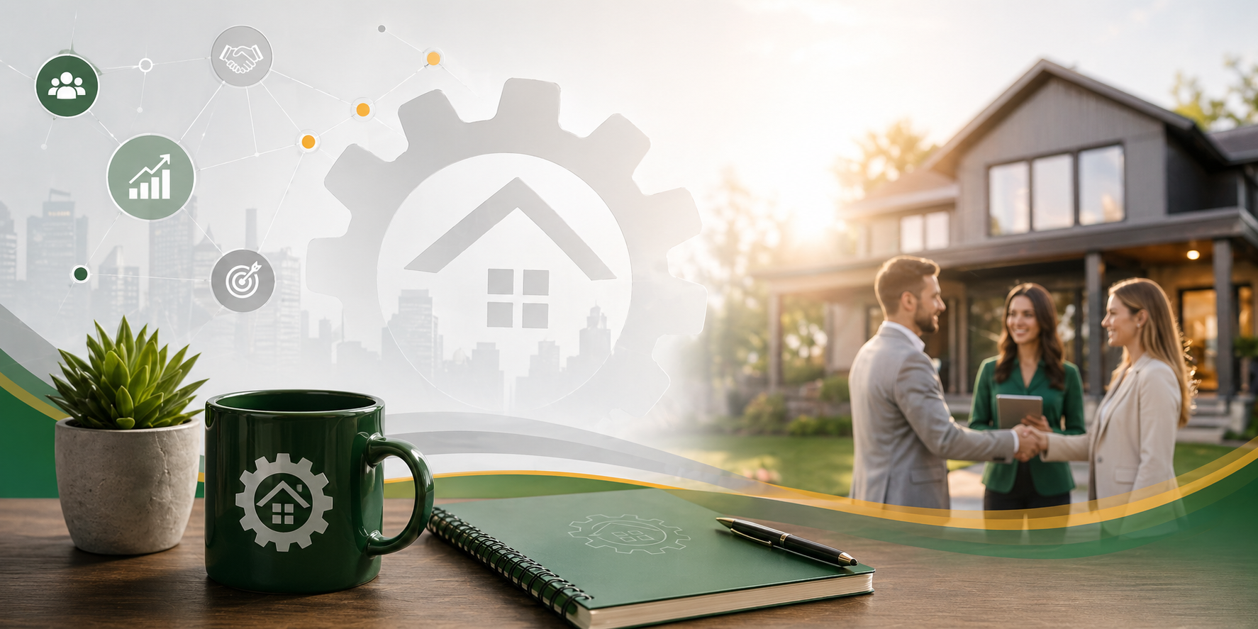 Realtor congratulating clients for thier home purchase in the background, in the foreground the tools and systems that built the agent's confidence - real estate slaes builder