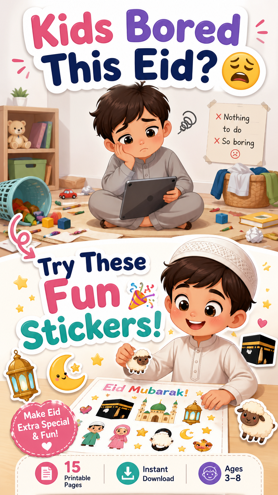 Eid Al-Adha Sticker Pack (15 Pages) 🐑✨ | Printable Cute Kids Stickers | Instant Download | Fun Eid Activities for Ages 3–8