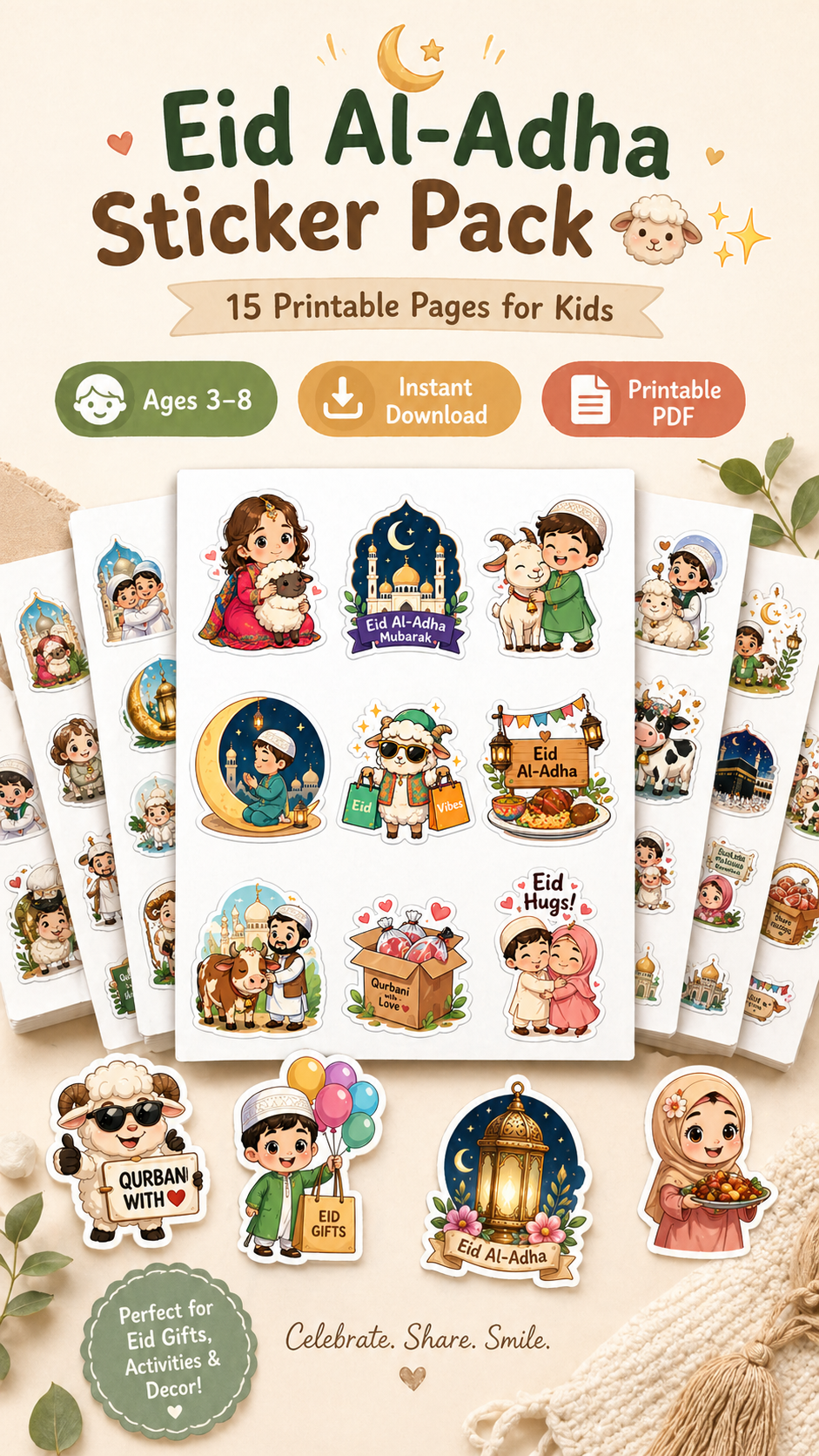 Eid Al-Adha Sticker Pack (15 Pages) 🐑✨ | Printable Cute Kids Stickers | Instant Download | Fun Eid Activities for Ages 3–8