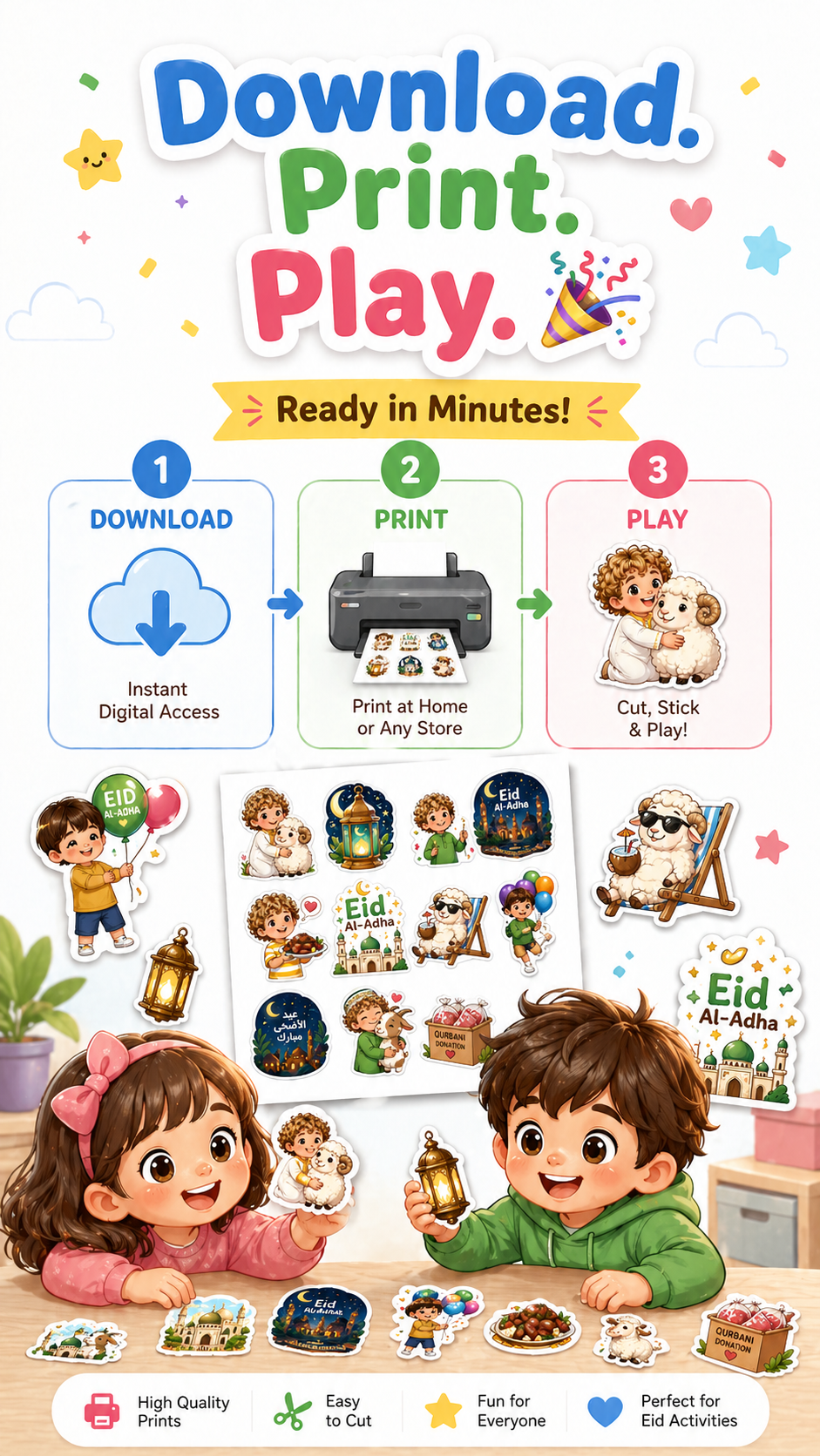 Eid Al-Adha Sticker Pack (15 Pages) 🐑✨ | Printable Cute Kids Stickers | Instant Download | Fun Eid Activities for Ages 3–8