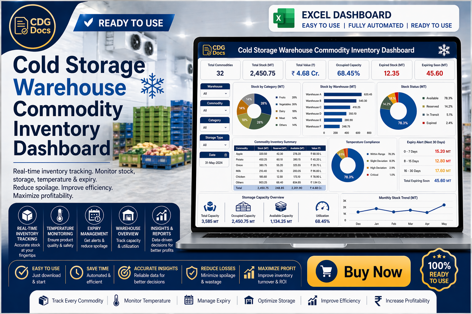 Cold Storage Warehouse Commodity Inventory Management Excel Dashboard