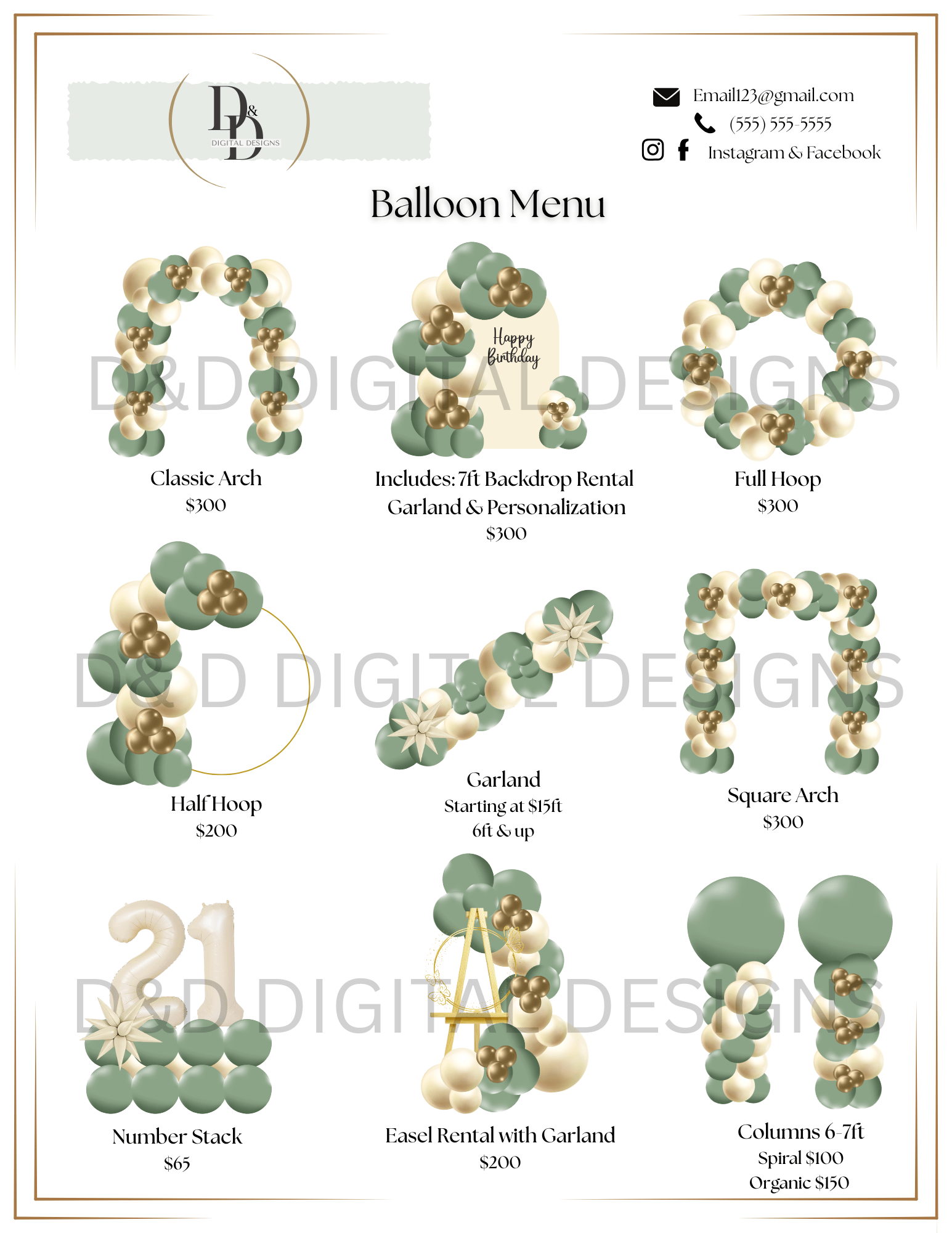 🌿 2- Page Sage Green, Gold and Cream Balloon Menu Template - Payhip