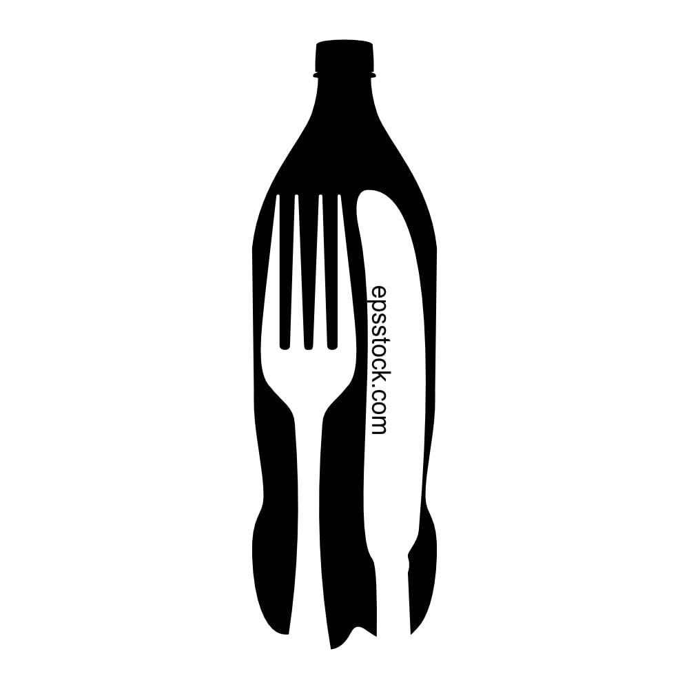fork knife and bottle, black isolated vector silhouette