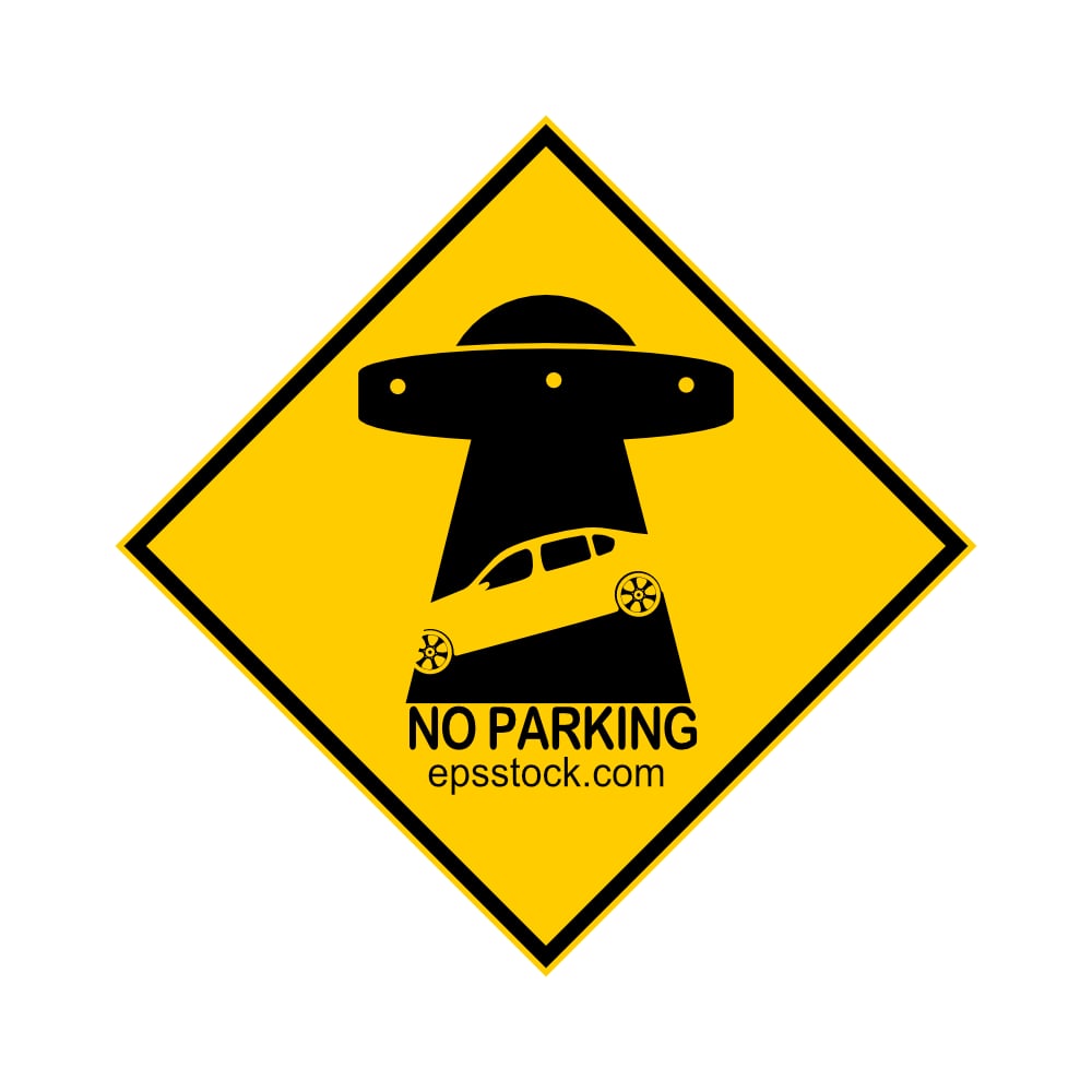 No parking, alien stealing car, black isolated vector silhouette