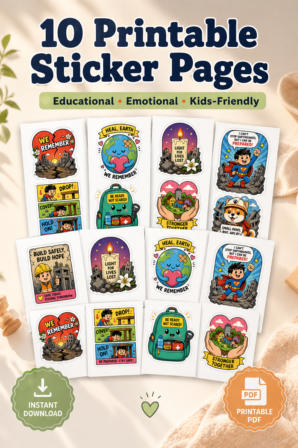 Earthquake Awareness & Remembrance Sticker Pack (10 Pages) | Printable Safety & Memory Stickers | Kids-Friendly | Instant Download