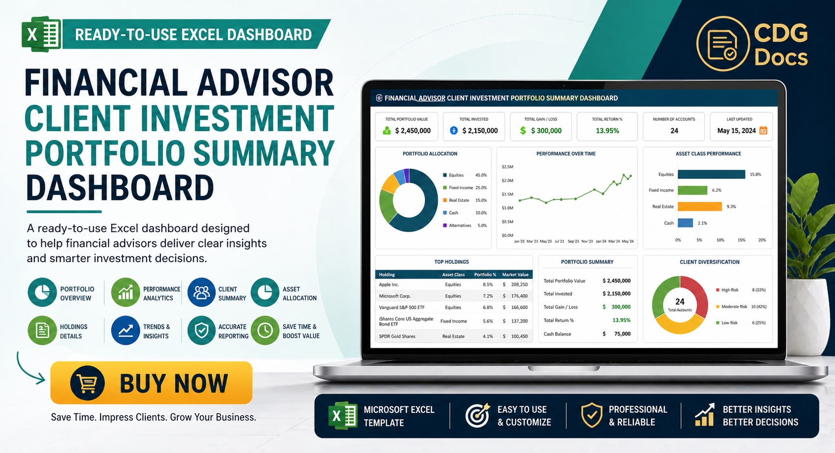 Financial Advisor Client Investment Portfolio Summary Excel Dashboard