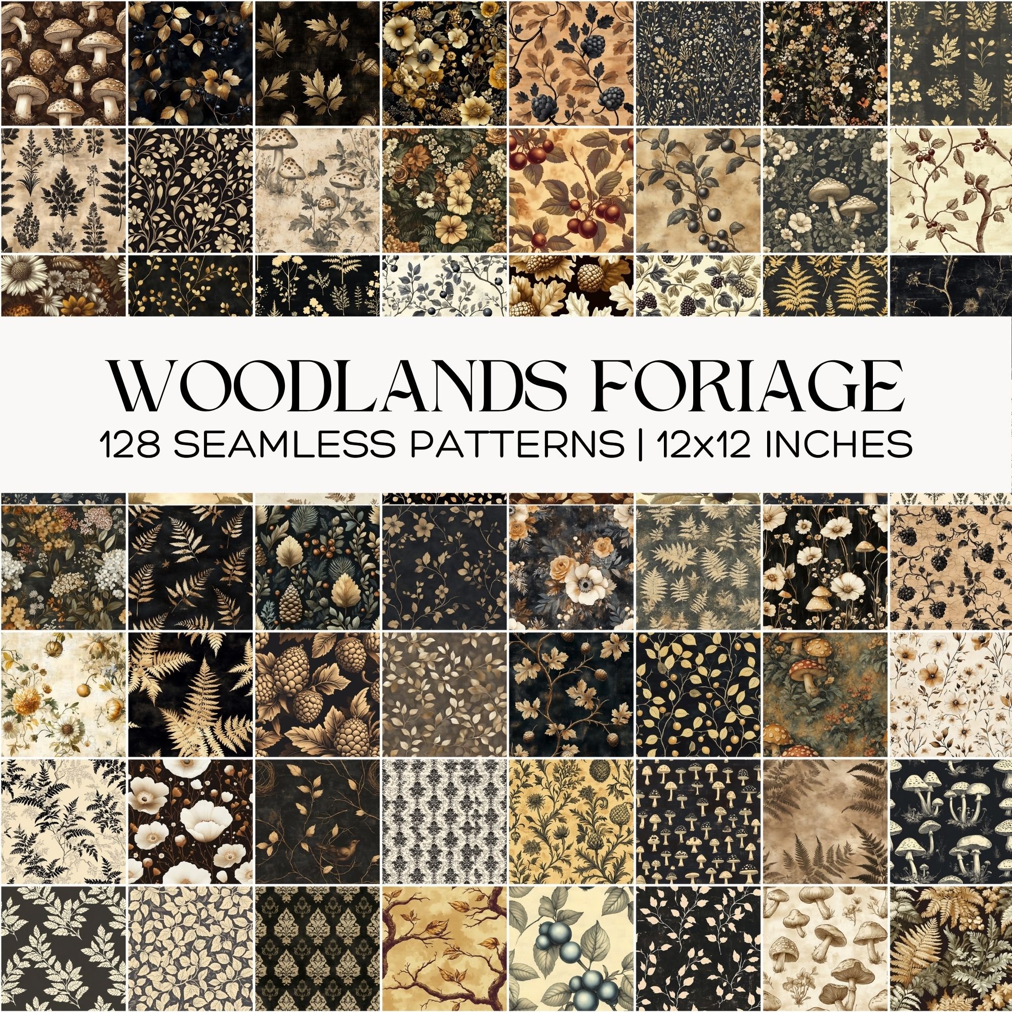Woodlands Forage Seamless Patterns, Forest Botanicals, Mushrooms, Ferns ...