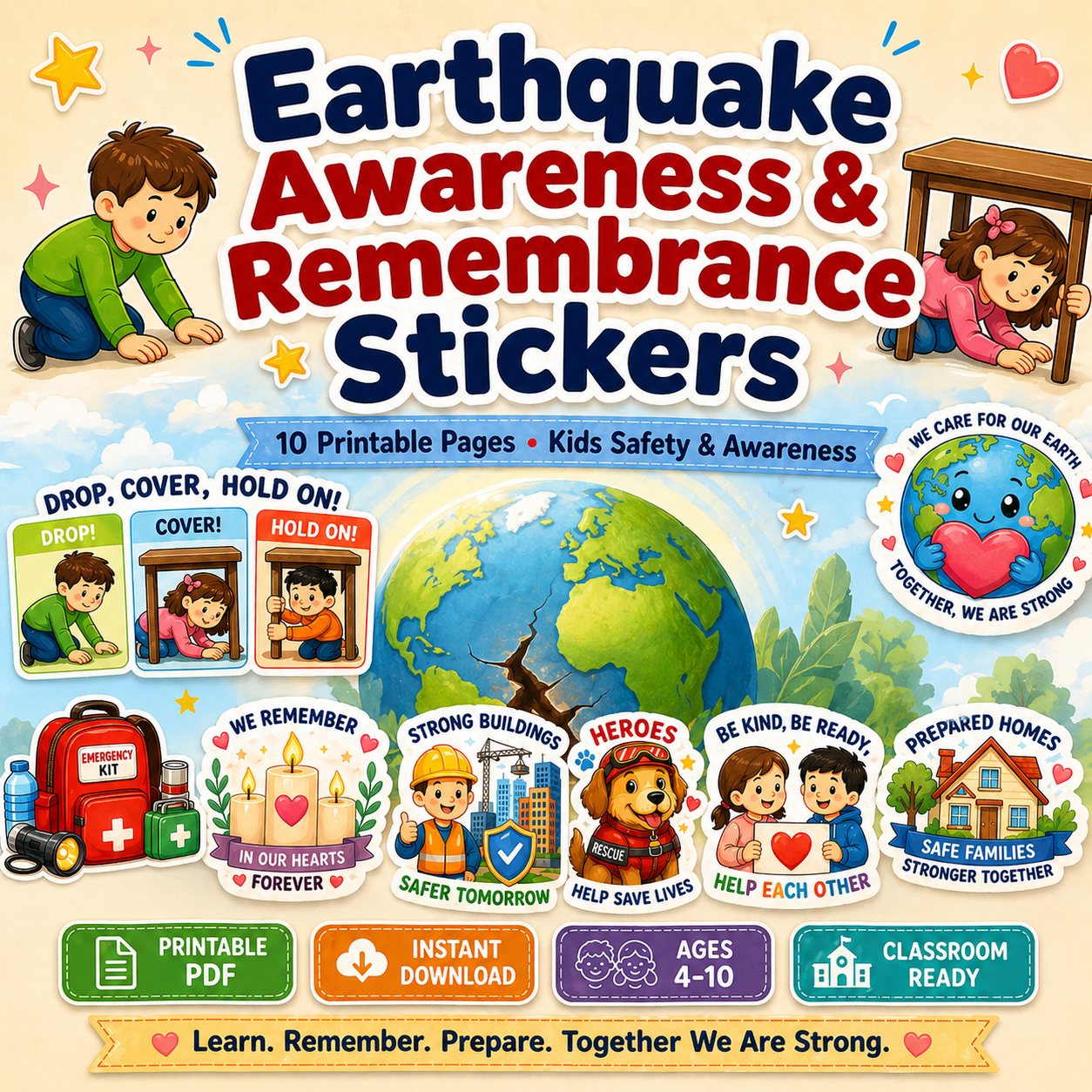 Earthquake Awareness & Remembrance Sticker Pack (10 Pages) | Printable Safety & Memory Stickers | Kids-Friendly | Instant Download