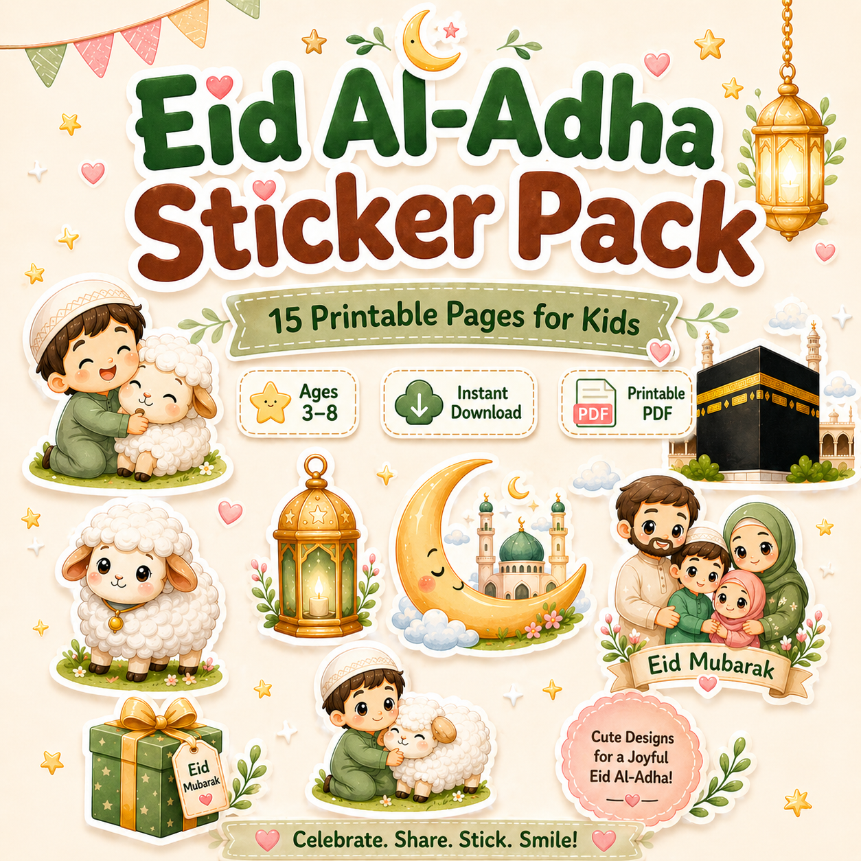 Eid Al-Adha Sticker Pack (15 Pages) | Printable Cute Kids Stickers | Instant Download | Fun Eid Activities for Ages 3–8