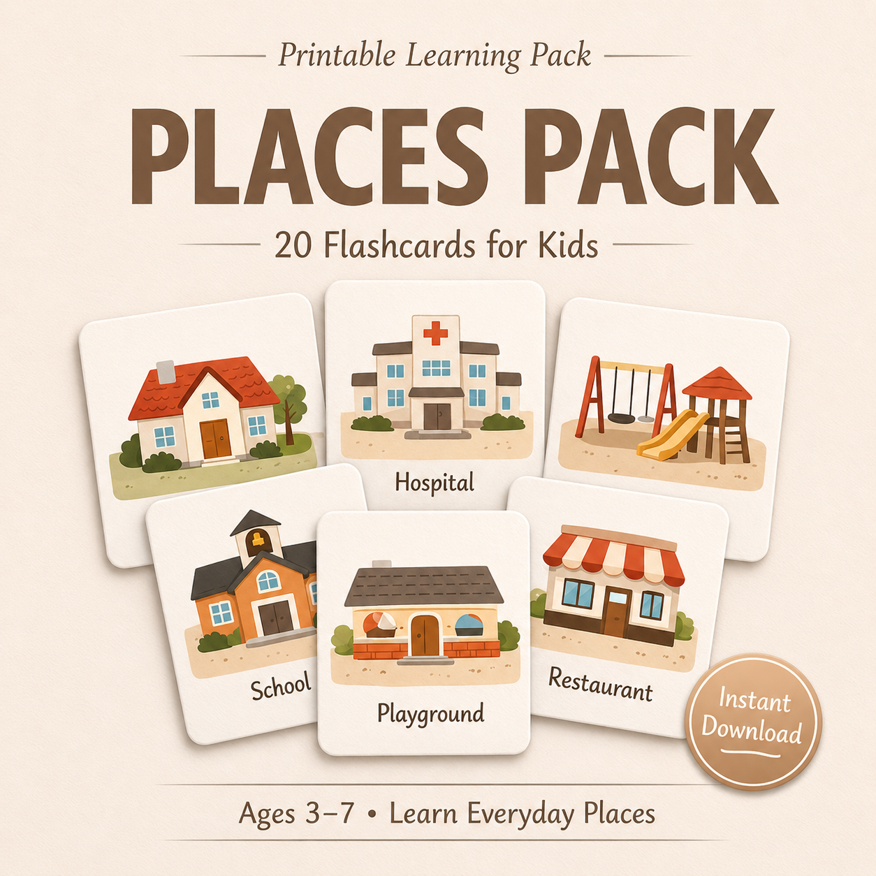 My First Places Pack – 20 Printable Flashcards for Kids (Ages 3–7) | Learn Everyday Places with Simple Sentences & Cute Illustrations