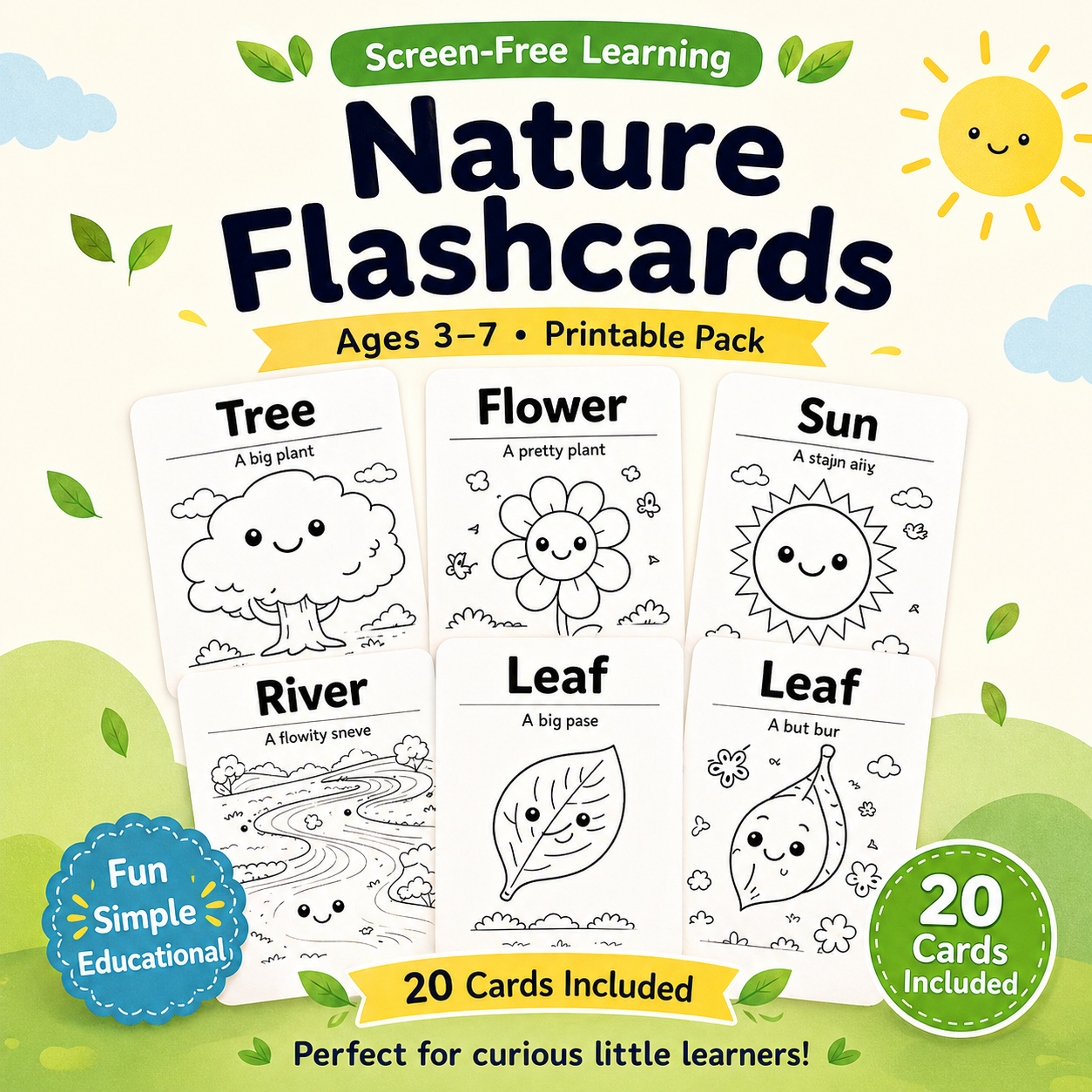 Nature Flashcards for Kids (Ages 3–7) – 20 Printable Coloring Cards with Simple Sentences | Learn Nature Words the Fun & Easy Way