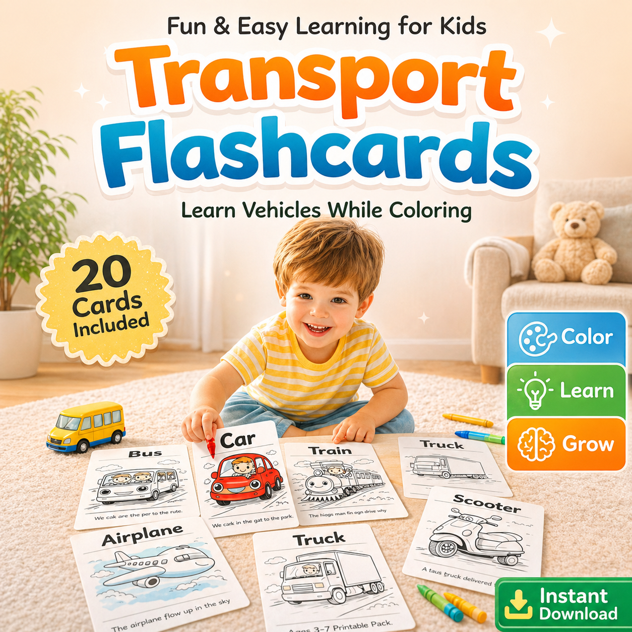 Transport Pack for Kids (Ages 3–7) – 20 Fun Printable Vehicle Flashcards with Simple Sentences & Coloring Pages | Learn Transportation Vocabulary the Easy Way