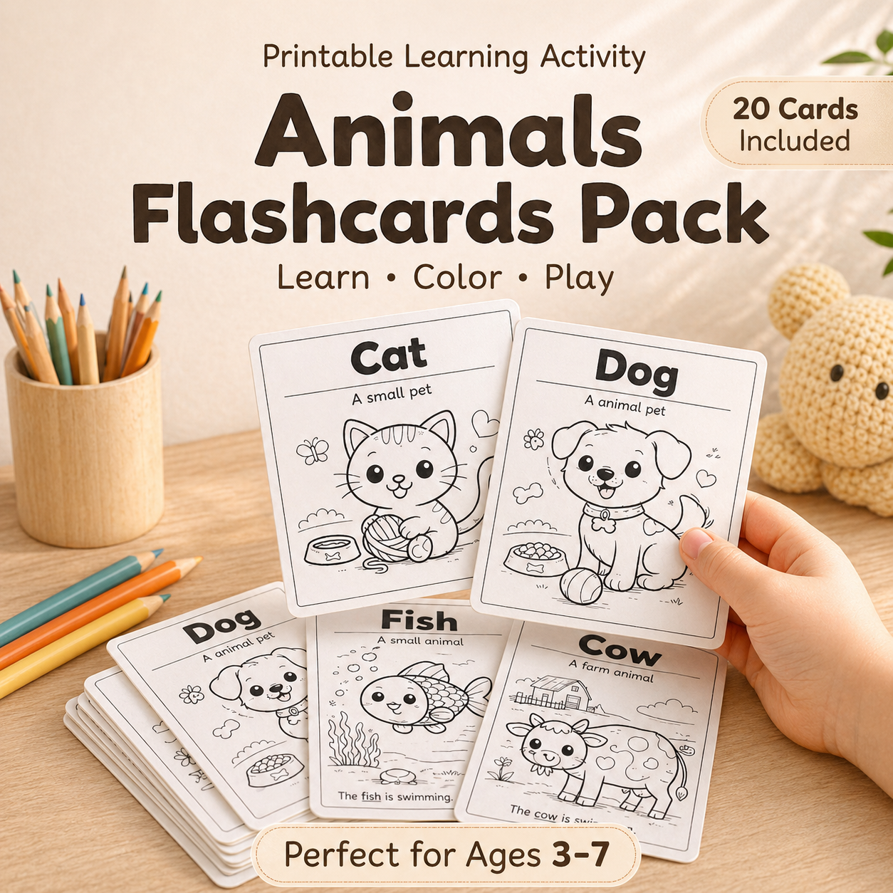 20 Printable Animals Flashcards for Kids (Ages 3–7) | Learn Animal Names, Build Vocabulary & Enjoy Fun Coloring Activities | Cute Educational Animal Pack