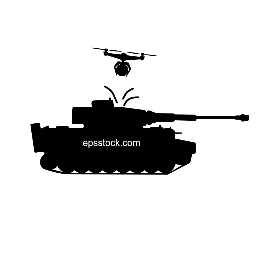 a drone destroys a tank, black isolated vector silhouette