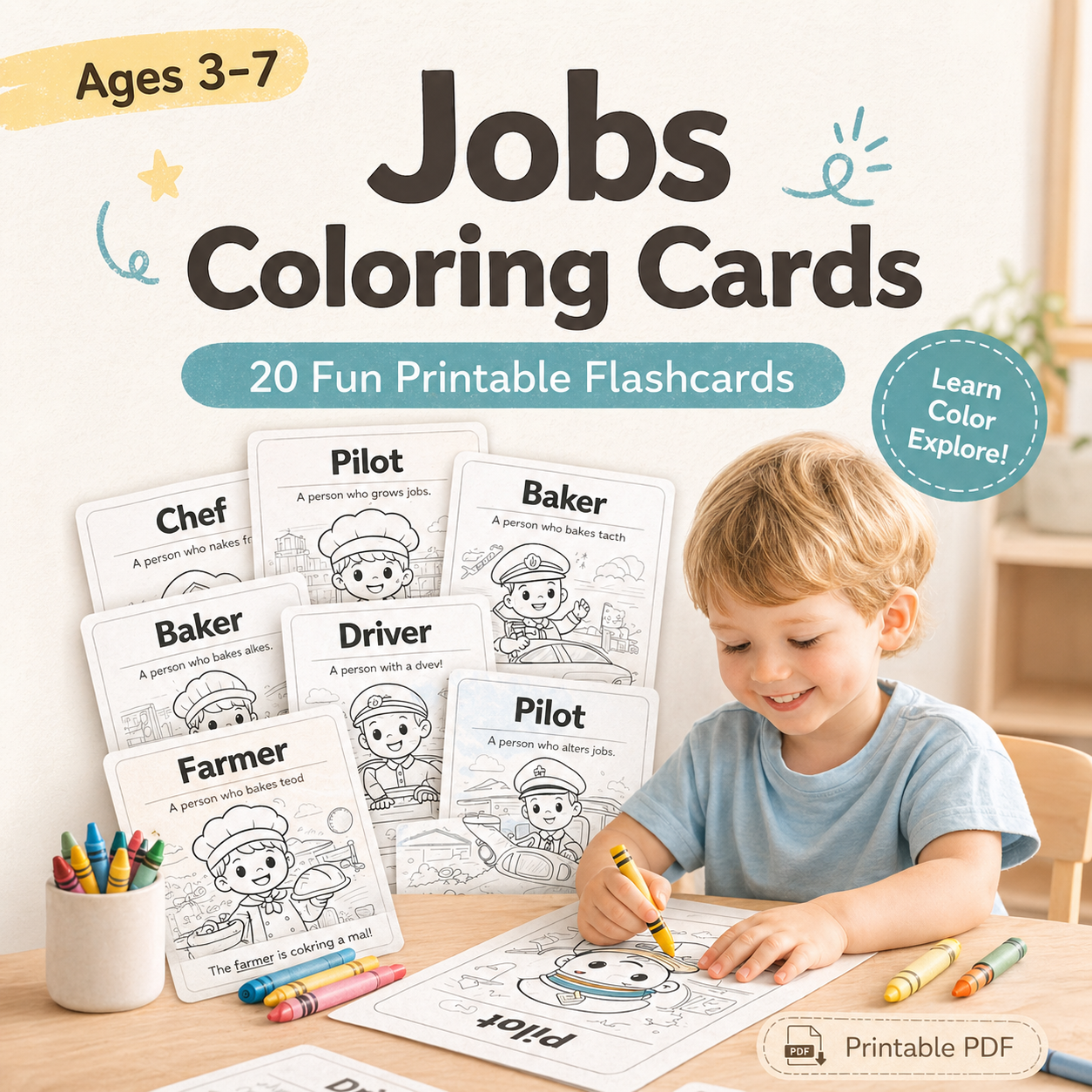 Jobs Coloring Vocabulary Cards – 20 Fun Printable Flashcards for Kids (Ages 3–7)