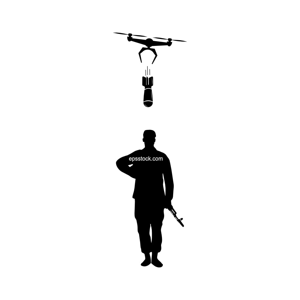 Drone destroying a soldier, black isolated vector silhouette