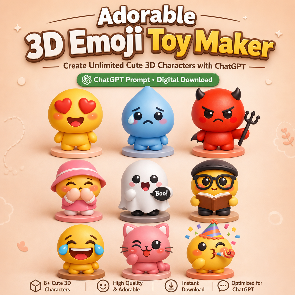 Adorable 3D Emoji Toy Maker - Create Unlimited Cute 3D Characters with ChatGPT (Prompt + Examples)