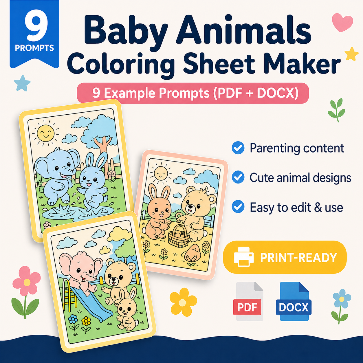 Baby Animals Coloring Sheet Maker – 9 Example Prompts (PDF + DOCX)