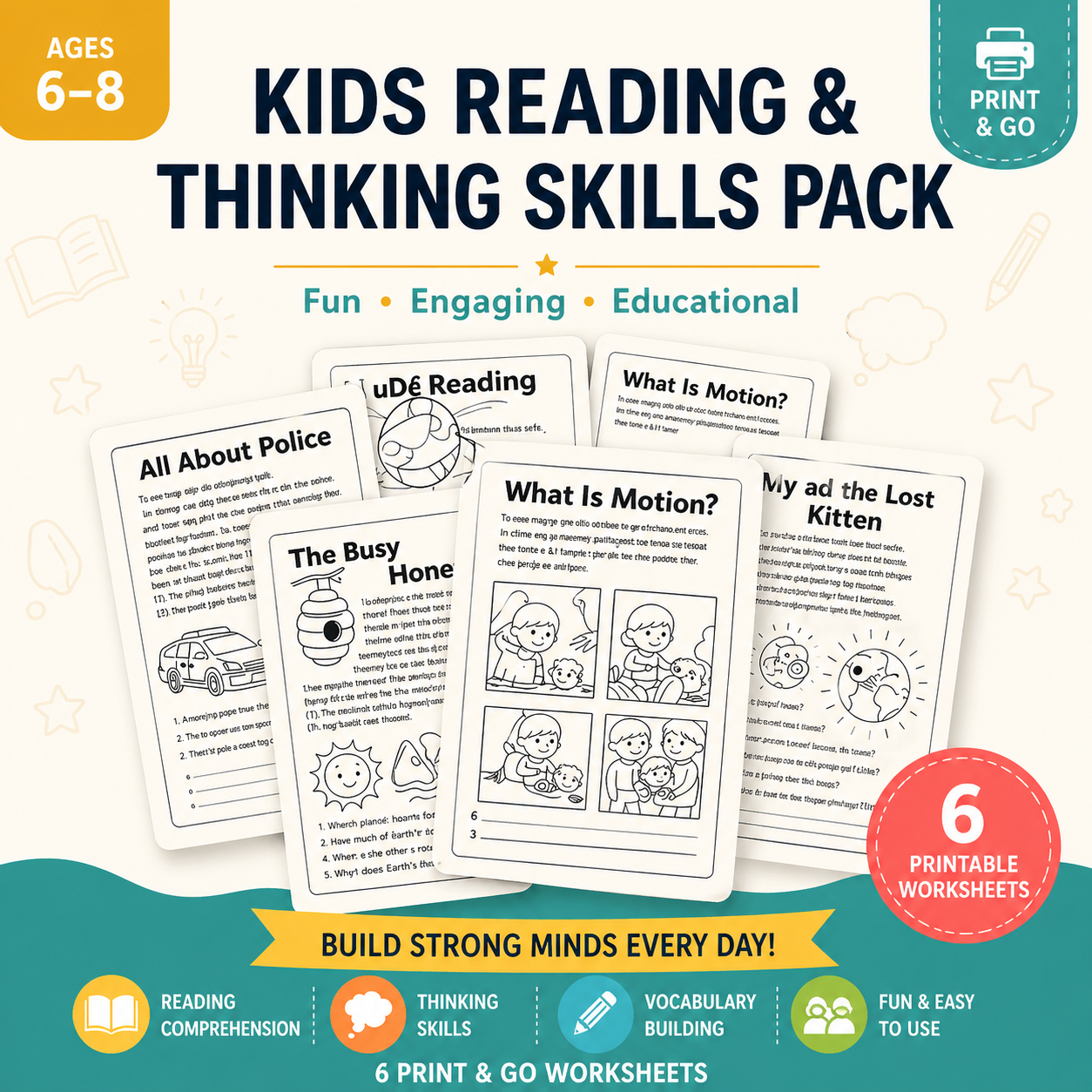 Reading Comprehension Made Easy (Ages 6–8) 6 Print & Go Worksheets for Confident Readers