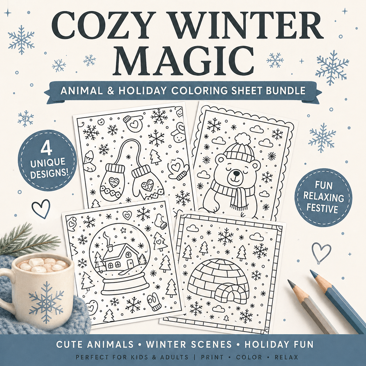 Cozy Winter Magic – Animal & Holiday Coloring Sheet Bundle