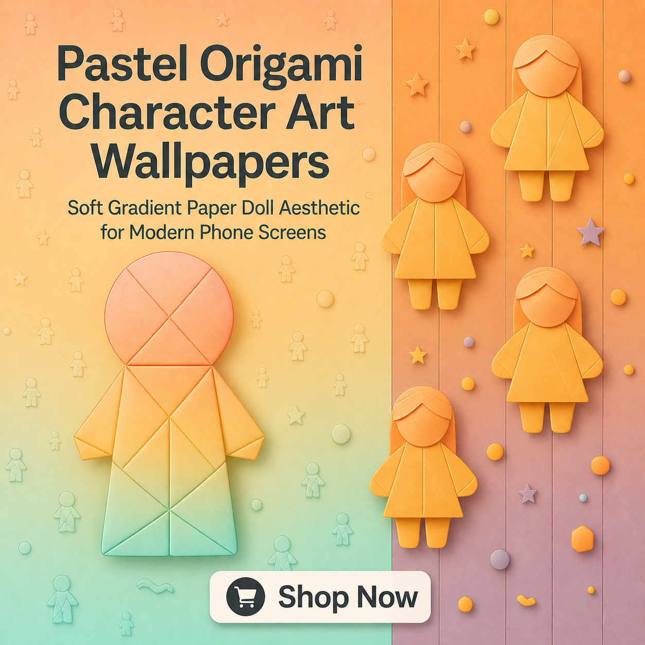 Pastel Origami Character Art Wallpapers – Soft Gradient Paper Doll Aesthetic for Modern Phone Screens
