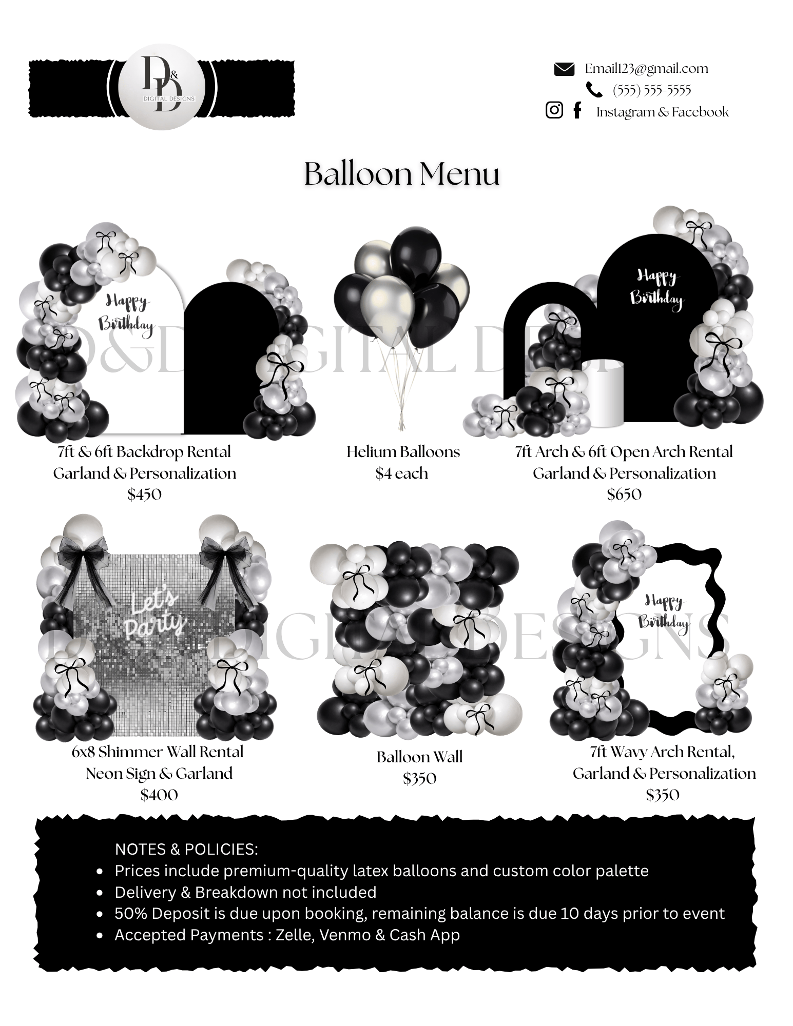 2-Page Black, White and Silver Balloon Menu Template | Digital Download ...
