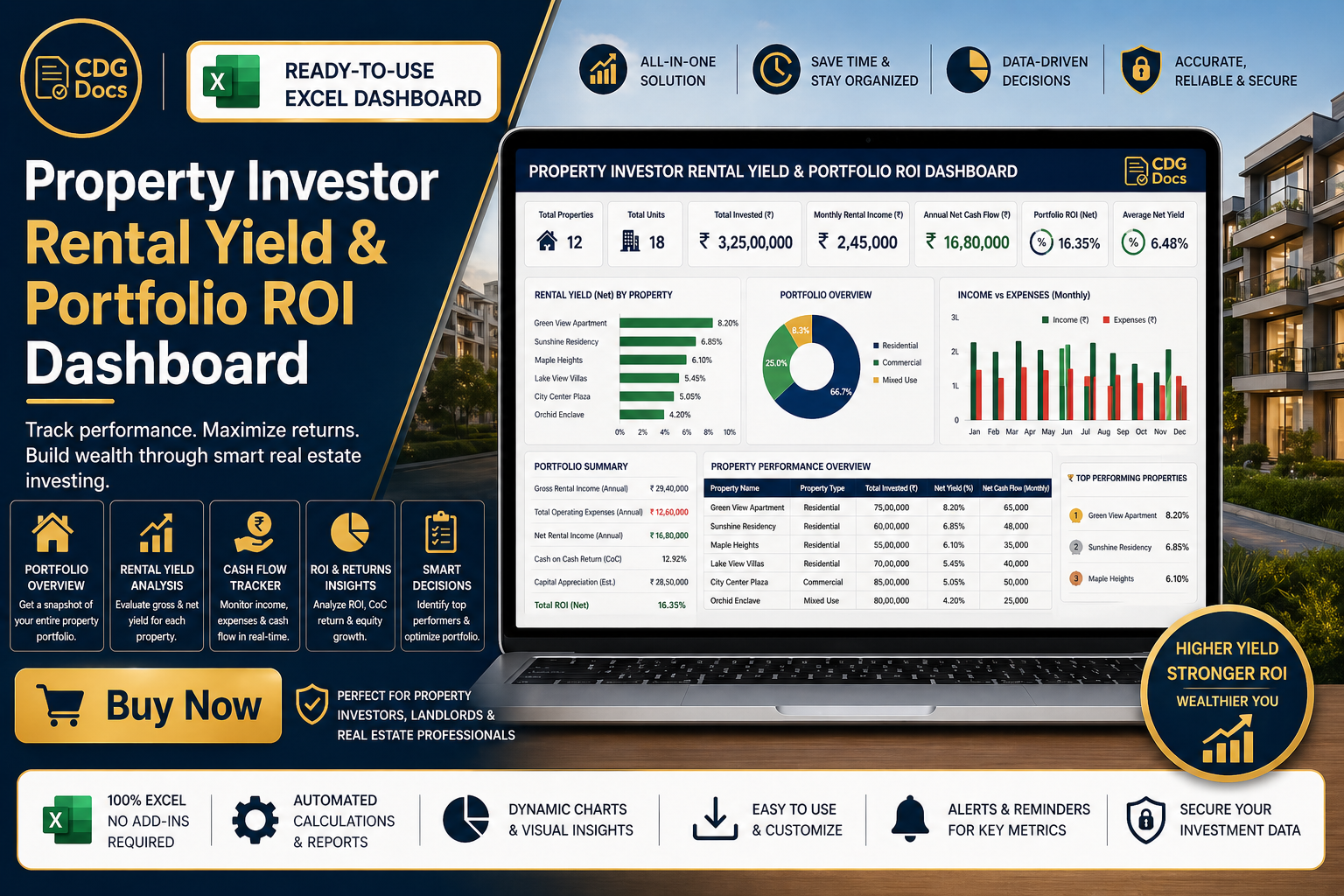 Property Investor Rental Yield & Portfolio ROI Tracking Excel Dashboard