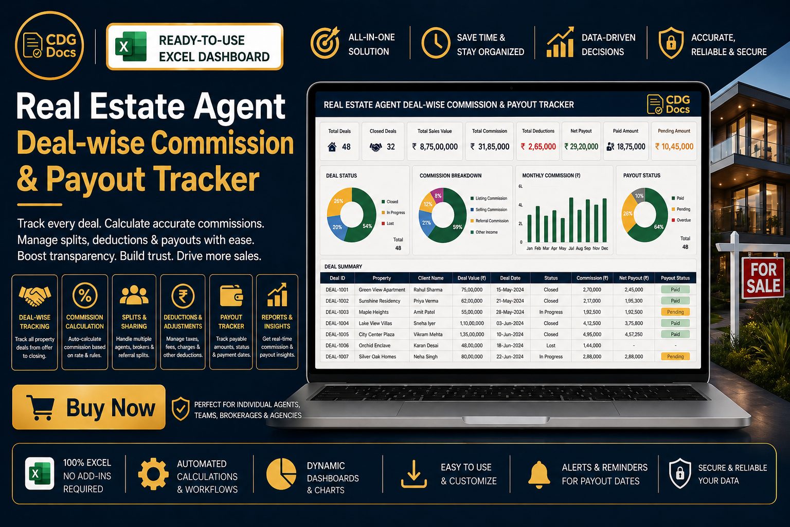 Real Estate Agent Deal-wise Commission & Payout Tracking Excel Dashboard