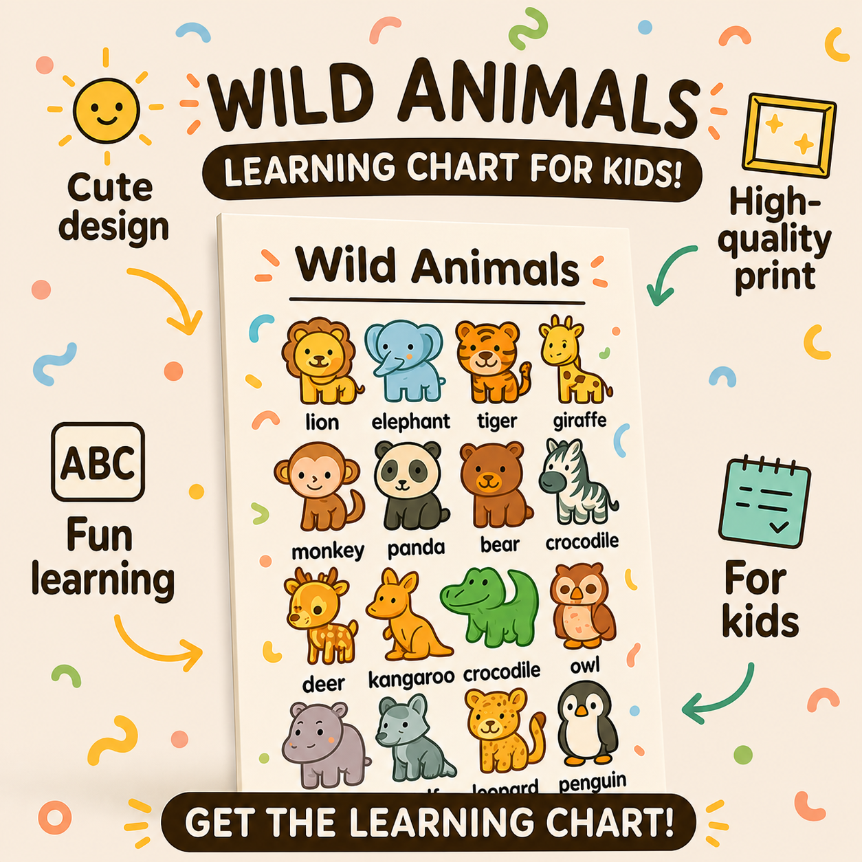 Kawaii Wild Animals Learning Chart – Cute Safari Creatures for Kids
