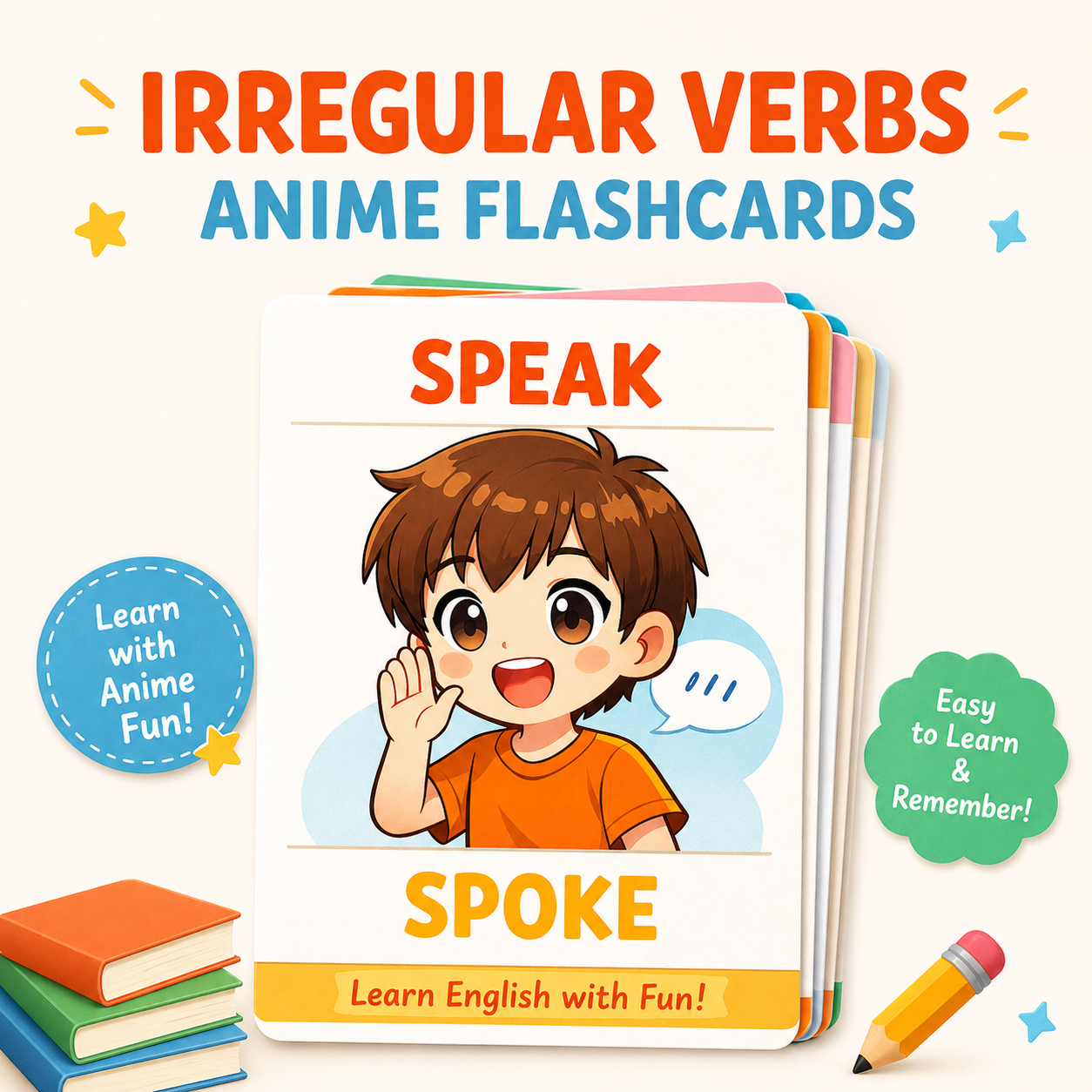 Irregular Verbs Made Easy – Anime Flashcards for Kids (Ages 7–9)