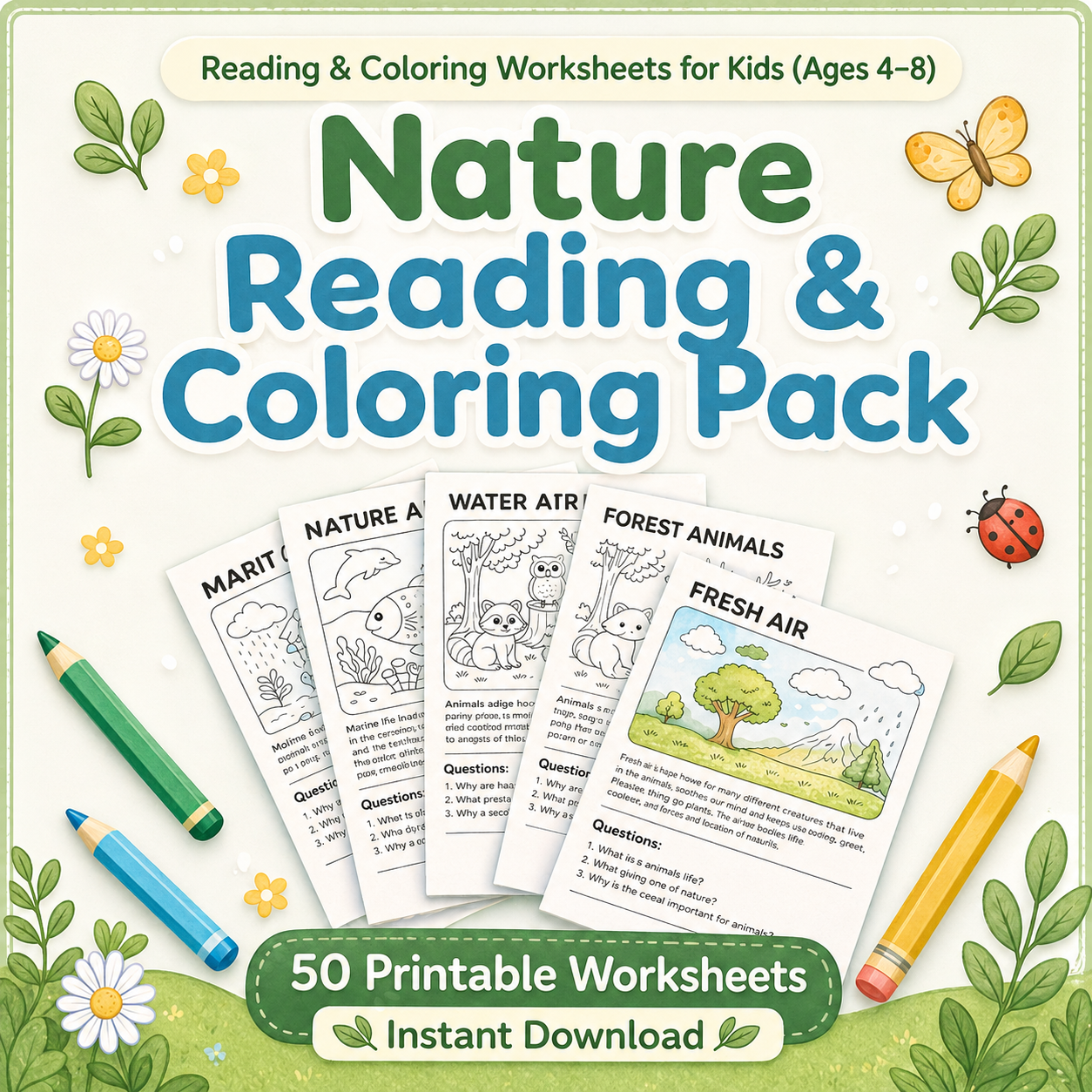 Nature Reading & Coloring Pack for Kids (Ages 4–8)
