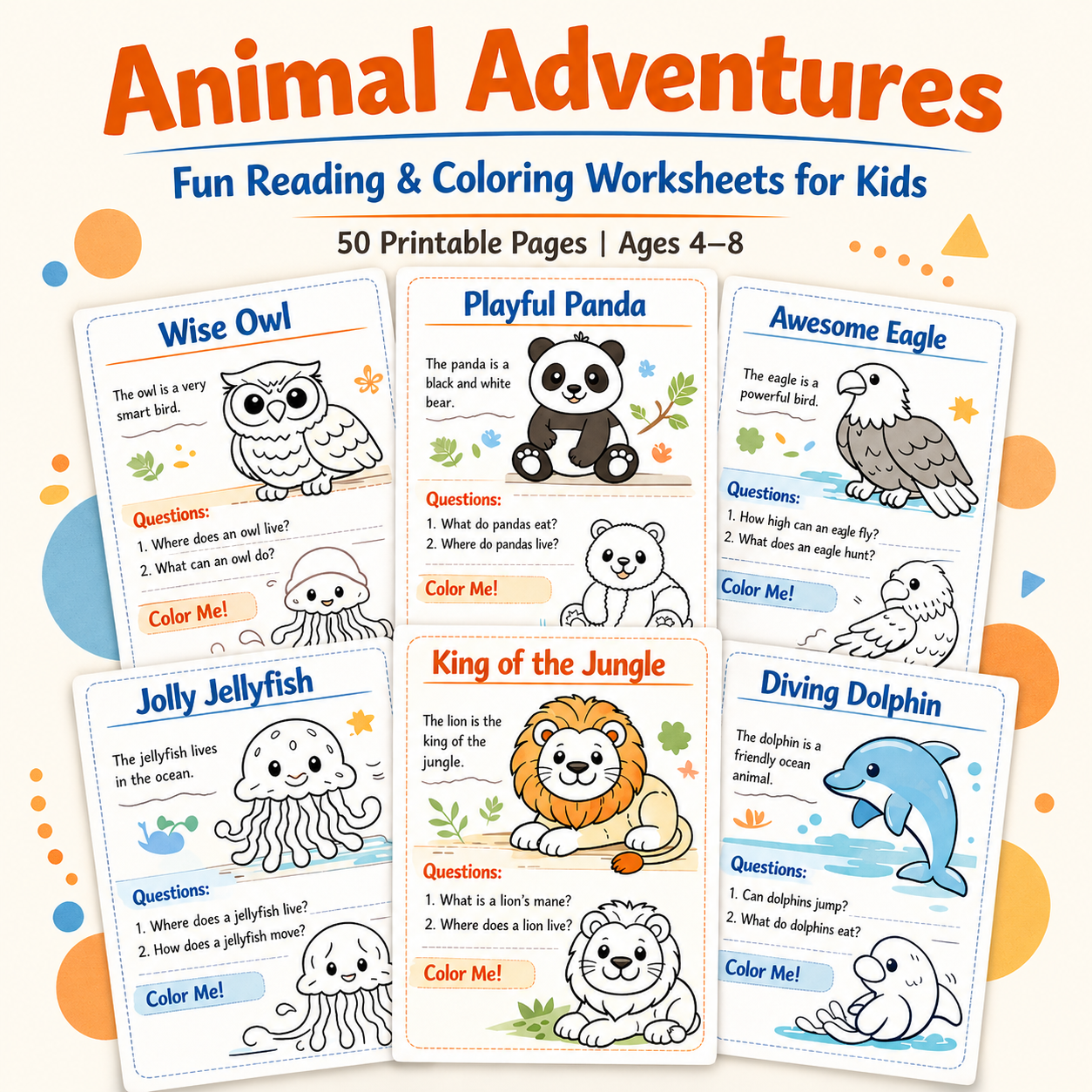 Animal Adventures – Fun Reading & Coloring Worksheets for Kids (50 Printable Pages)