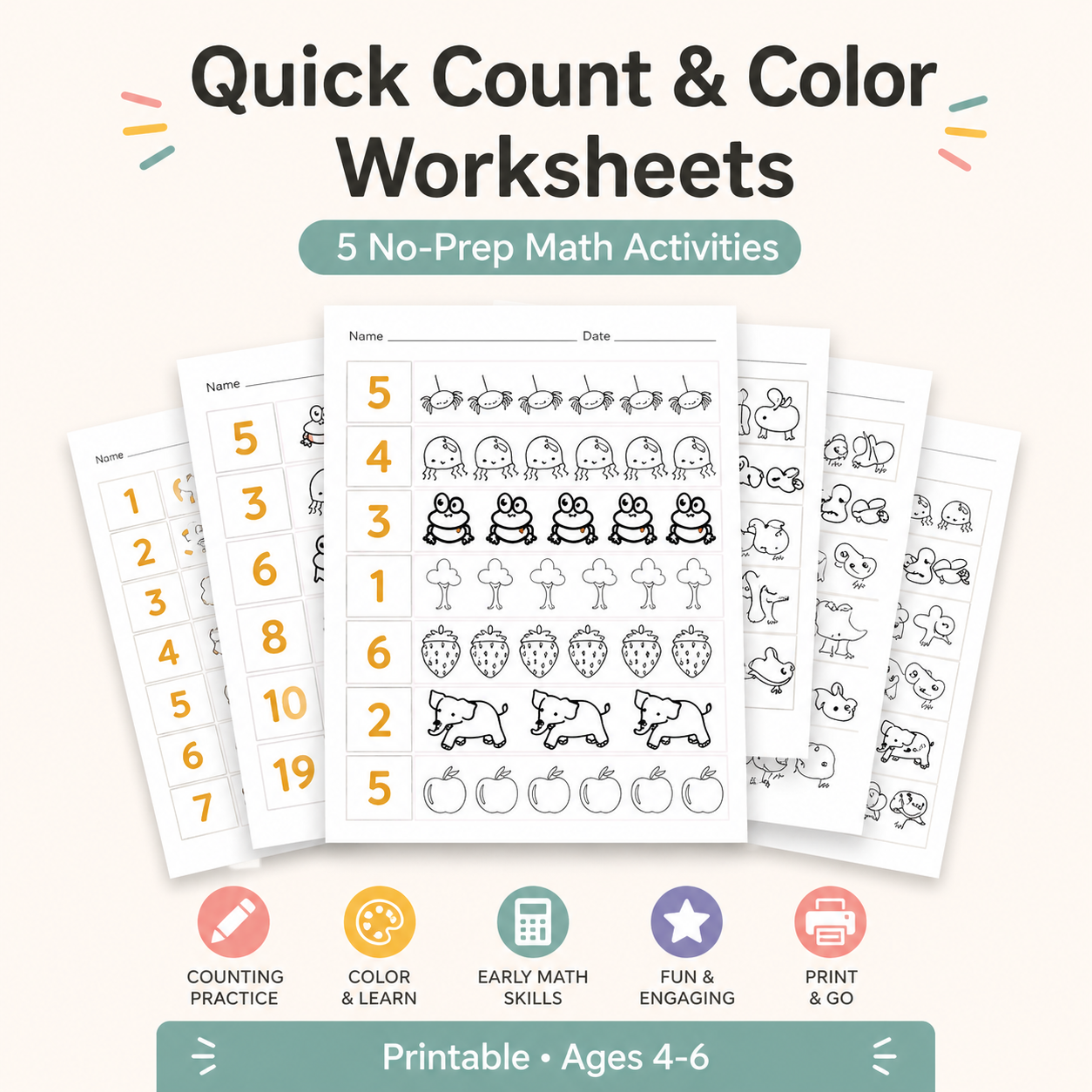 Quick Count & Color Worksheets - 5 No-Prep Math Activities for Ages 4–6