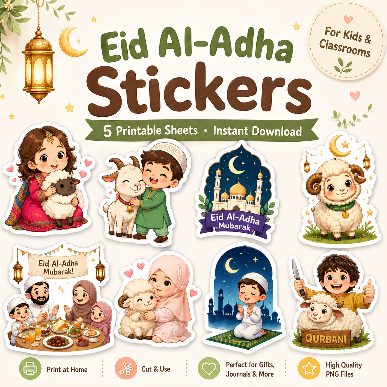 Eid Al-Adha Sticker Bundle – 5 Printable Sheets (Cute Kids Designs)
