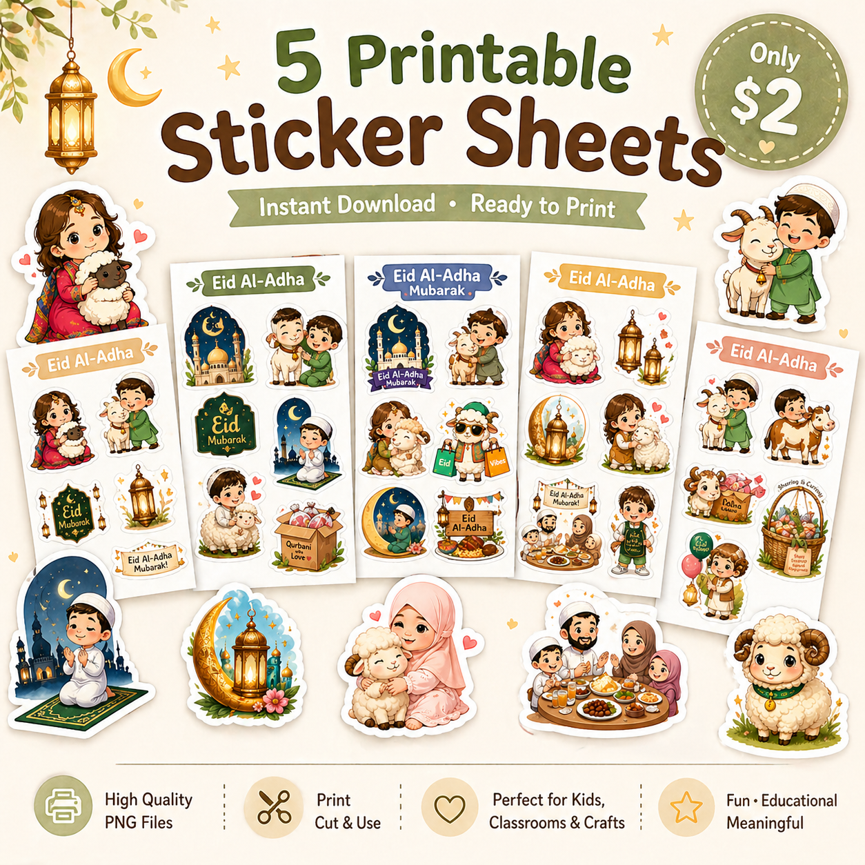 Eid Al-Adha Sticker Bundle – 5 Printable Sheets (Cute Kids Designs)