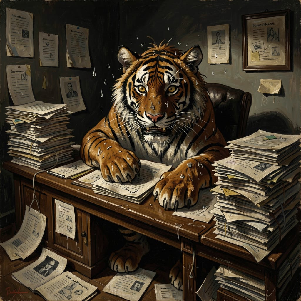 a frazzled tiger with far too much work to do