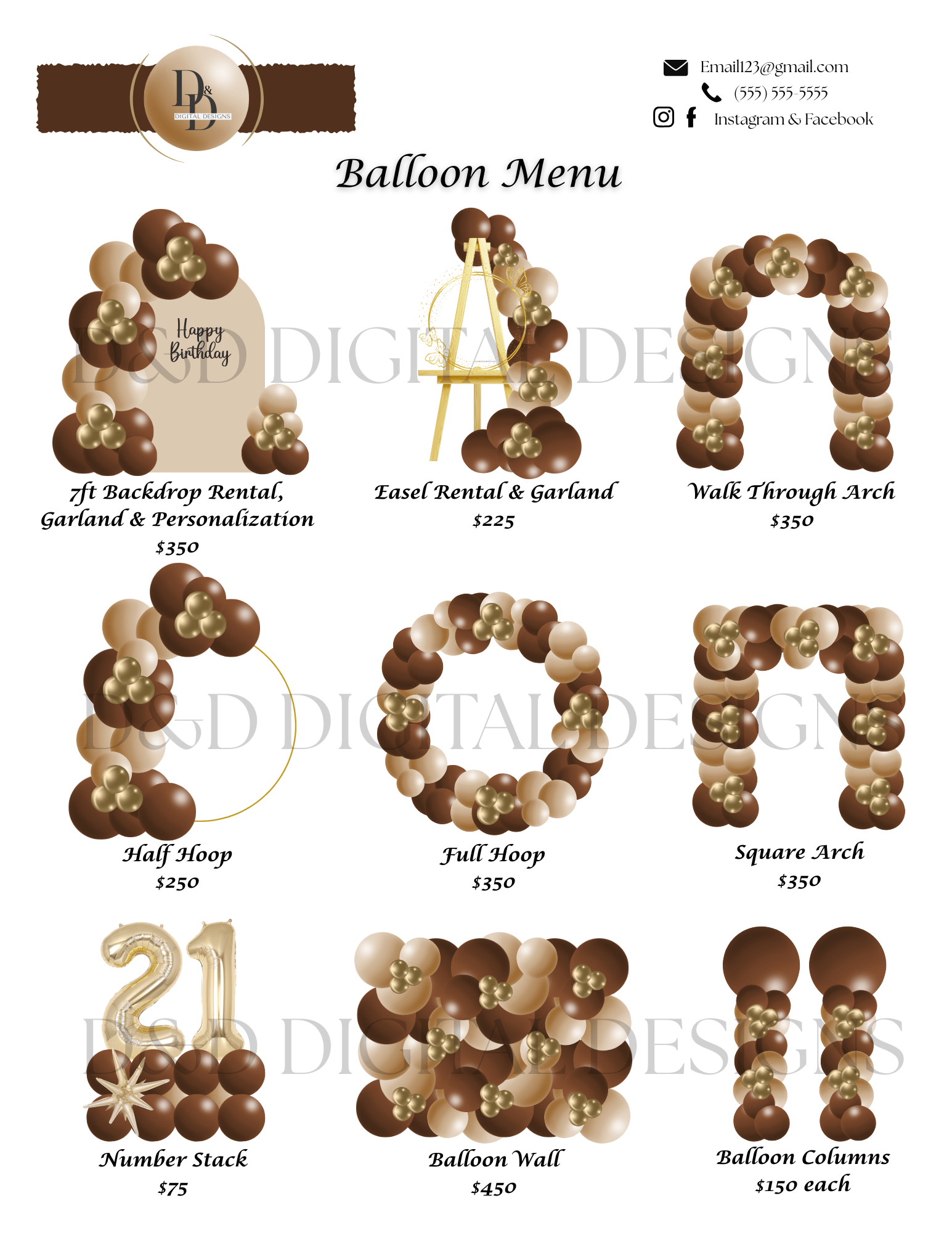 2-Page Brown & Gold Balloon Menu Template | Digital Download - Payhip
