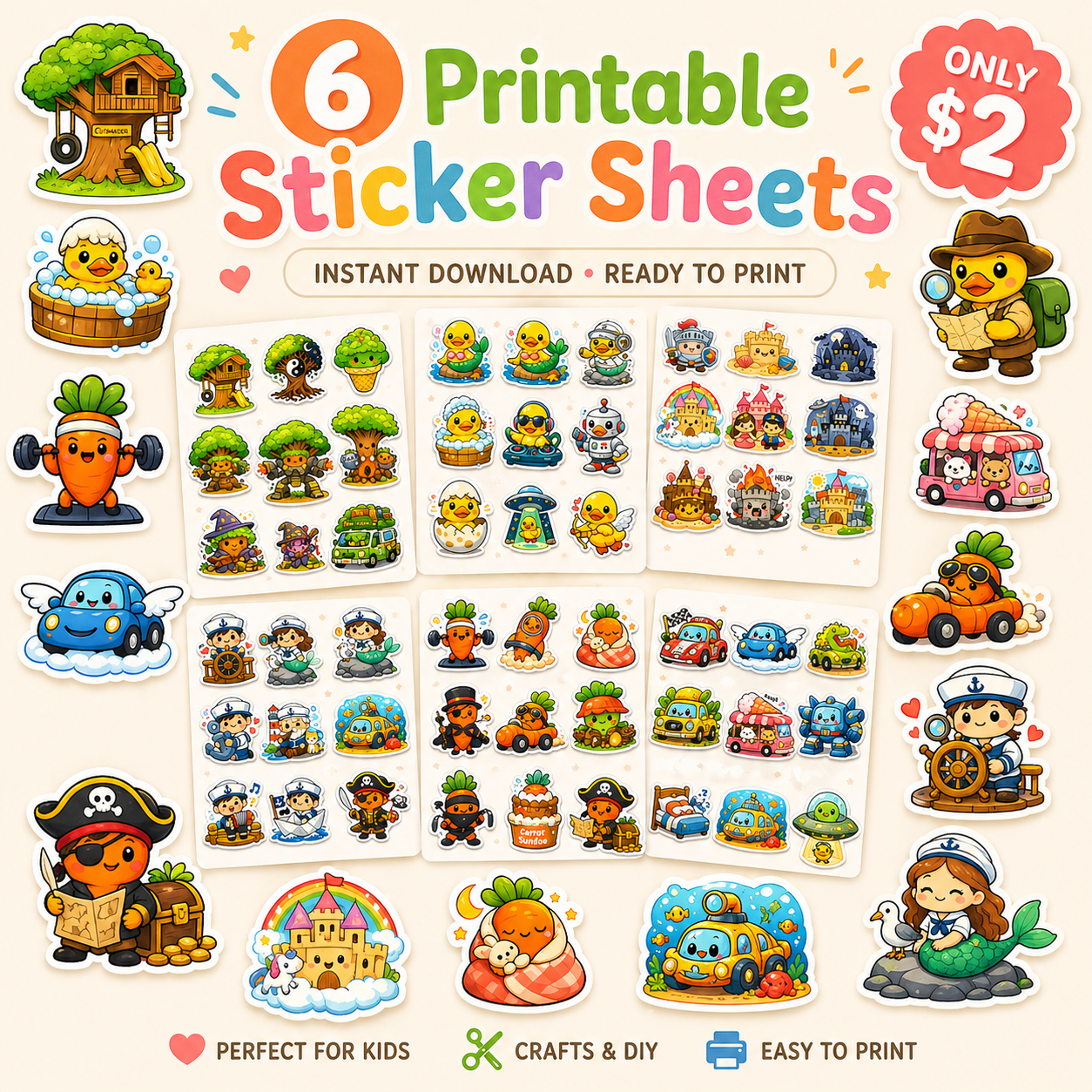 Cute Sticker Bundle – 6 Printable Sheets for Kids (Instant Download)