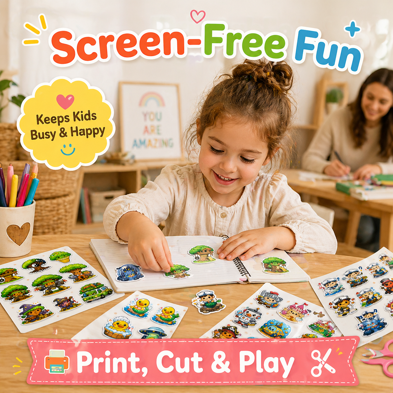 Cute Sticker Bundle – 6 Printable Sheets for Kids (Instant Download)