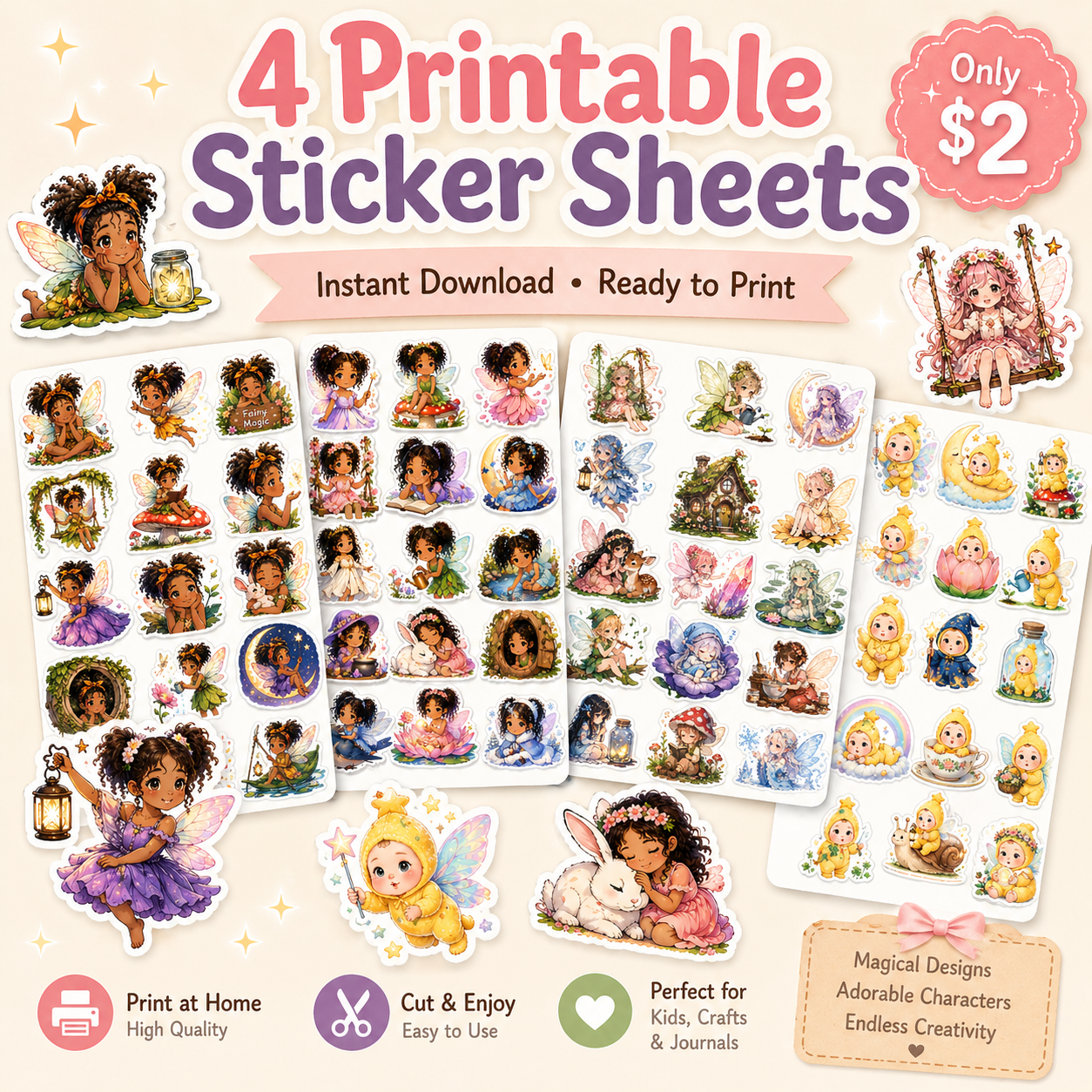 Fairy Sticker Bundle – 4 Cute Printable Sheets (Instant Download)