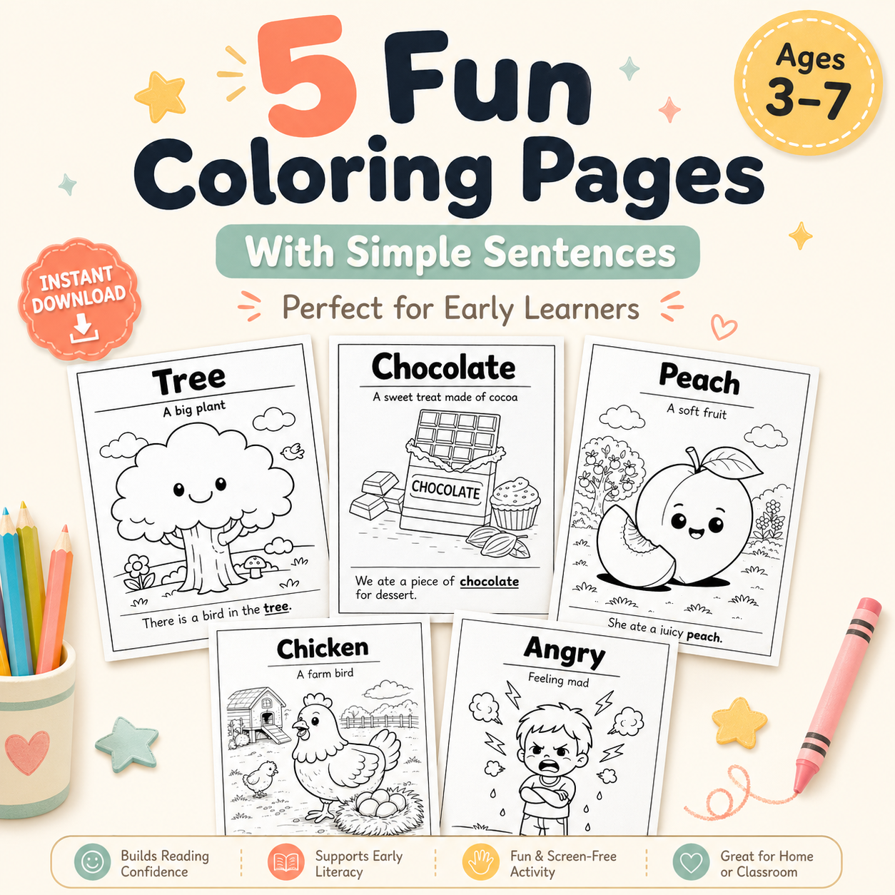 5 Printable Coloring Pages with Simple Sentences for Kids (Ages 3–7)