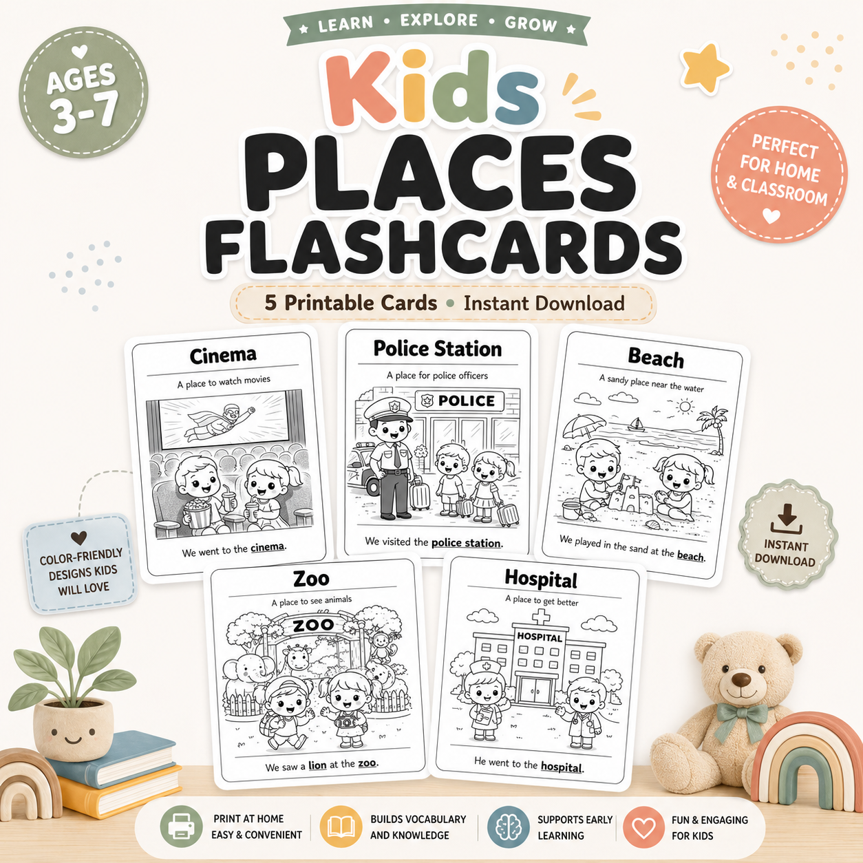 5 Kids Places Flashcards – Printable Learning Pack (Ages 3–7)