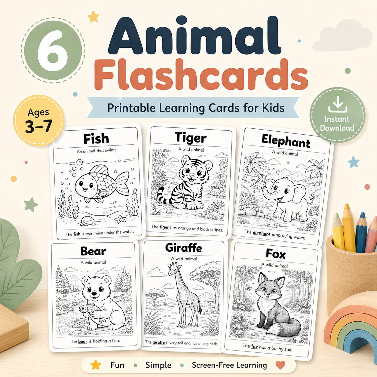 6 Printable Animal Flashcards for Kids (Ages 3–7) – Fun & Easy Learning