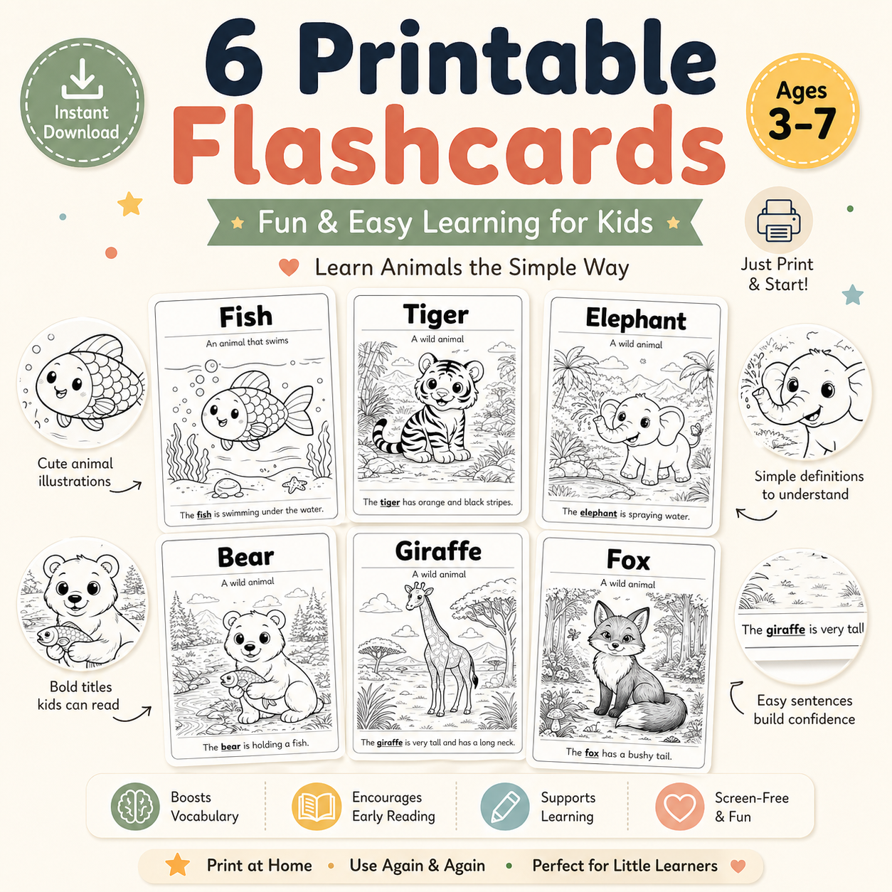 6 Printable Animal Flashcards for Kids (Ages 3–7) – Fun & Easy Learning