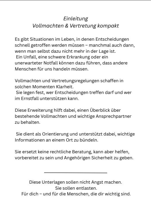 Einleitungsseite der Ausfüllmappe Vollmachten und Vertretung kompakt für den Notfallordner